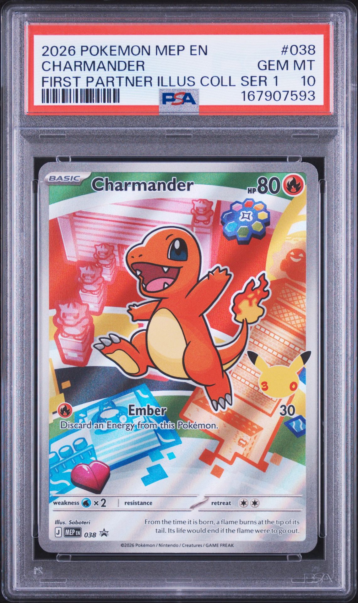 2026 Pokemon Mep En-Me Black Star Promo Charmander #038 (First Partner Illus Coll Ser 1) Gem Mt 10 front view - PSA graded GEM MT 10