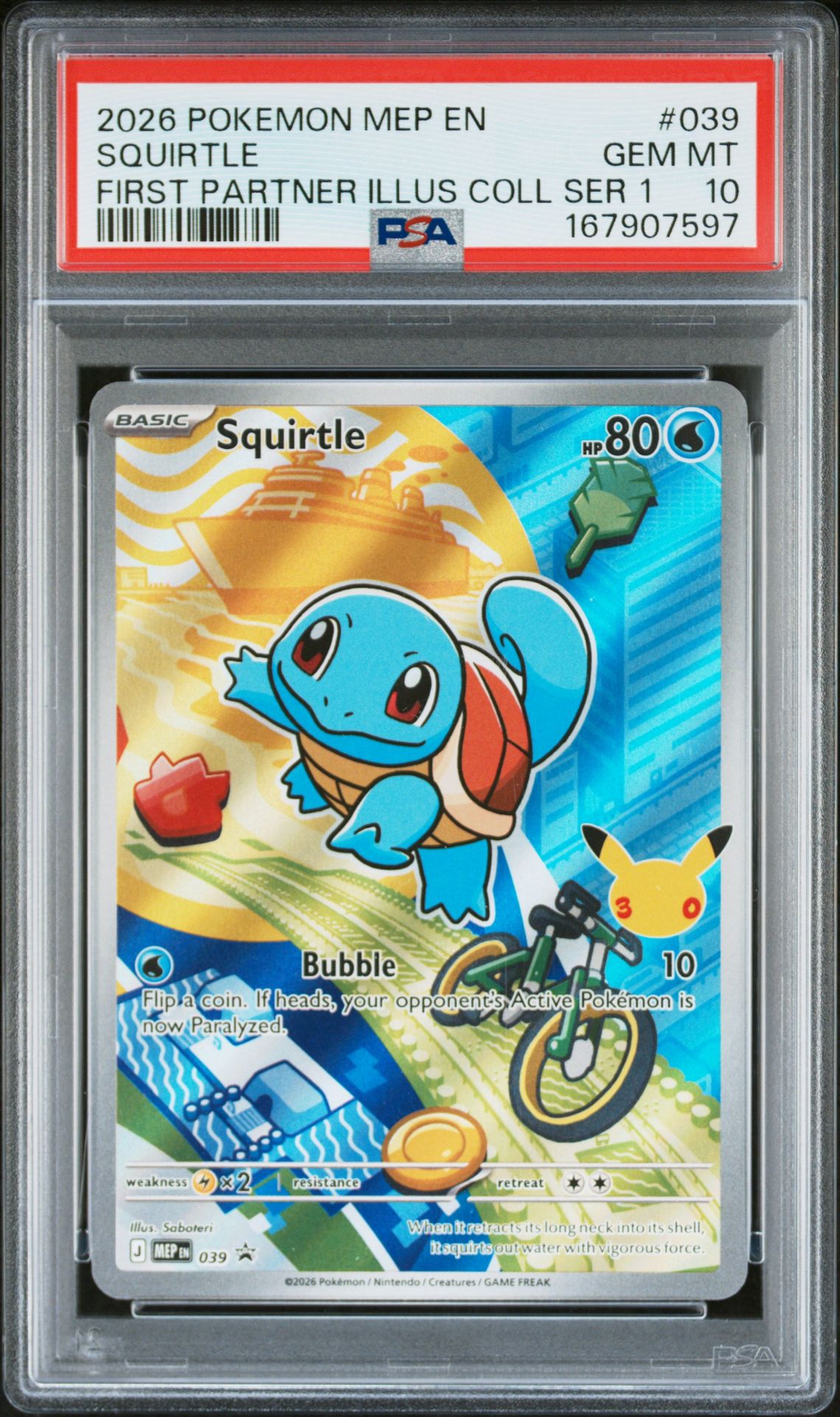 2026 Pokemon Mep En-Me Black Star Promo Squirtle #039 (First Partner Illus Coll Ser 1) Gem Mt 10 front view - PSA graded GEM MT 10