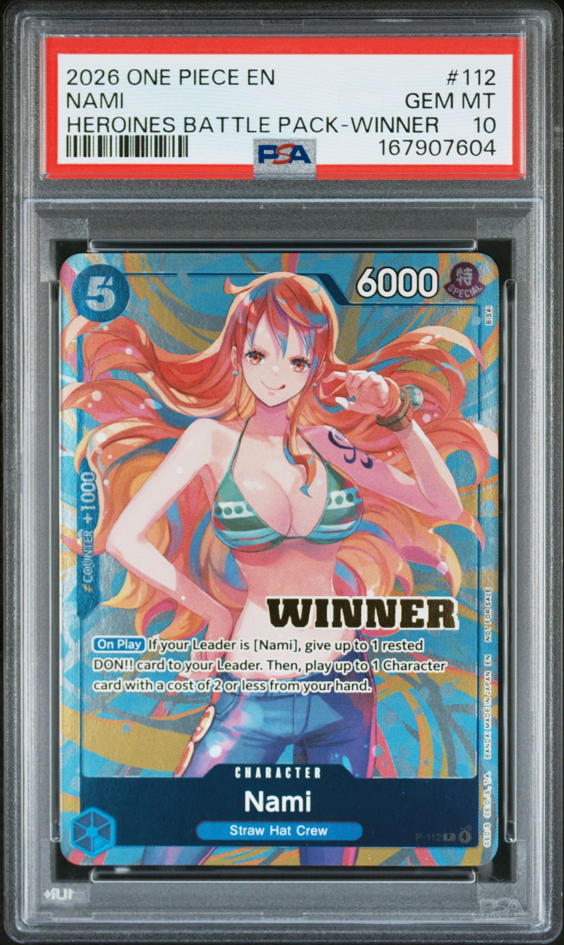 2026 One Piece Heroines Battle Pack Nami #112 (Heroines Battle Pack-Winner) Gem Mt 10 front view - PSA graded GEM MT 10