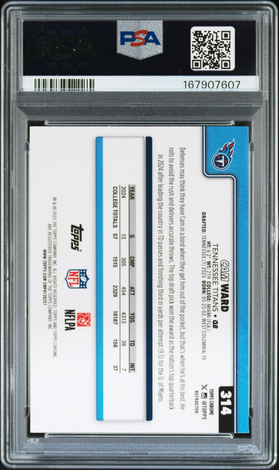 2025 Topps Chrome Cam Ward #314 (Refractor) Mint 9 back