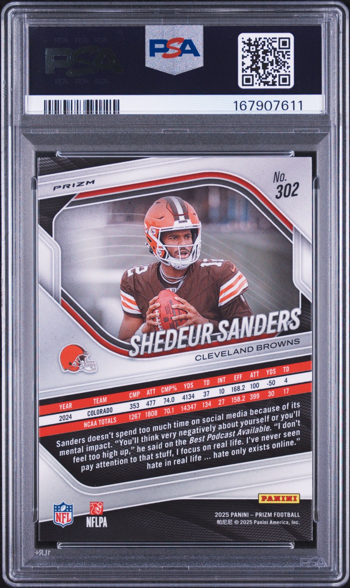 2025 Panini Prizm Shedeur Sanders #302 (Orange Ice) Mint 9 back