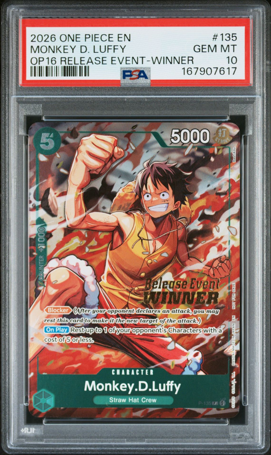 2026 One Piece Promos Monkey D. Luffy #135 (Op16 Release Event-Winner) Gem Mt 10 front view - PSA graded GEM MT 10
