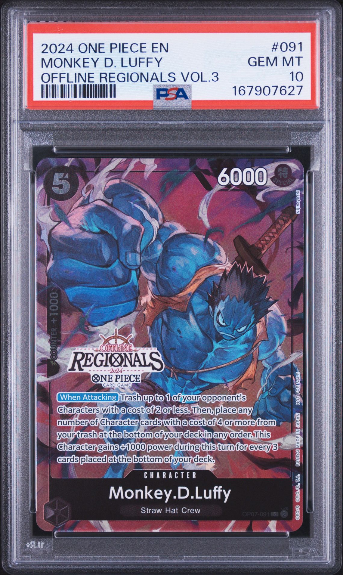 2024 One Piece Offline Regionals Pack 2024 Vol.3 Monkey D. Luffy #091 Gem Mt 10 front view - PSA graded GEM MT 10