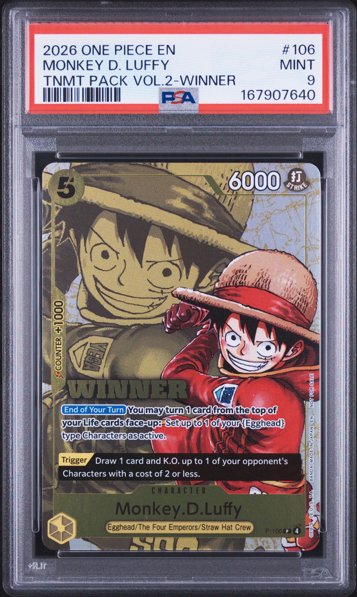 2026 One Piece Tournament Pack Vol.2 Monkey D. Luffy #106 (Tnmt Pack Vol.2-Winner) Mint 9 front
