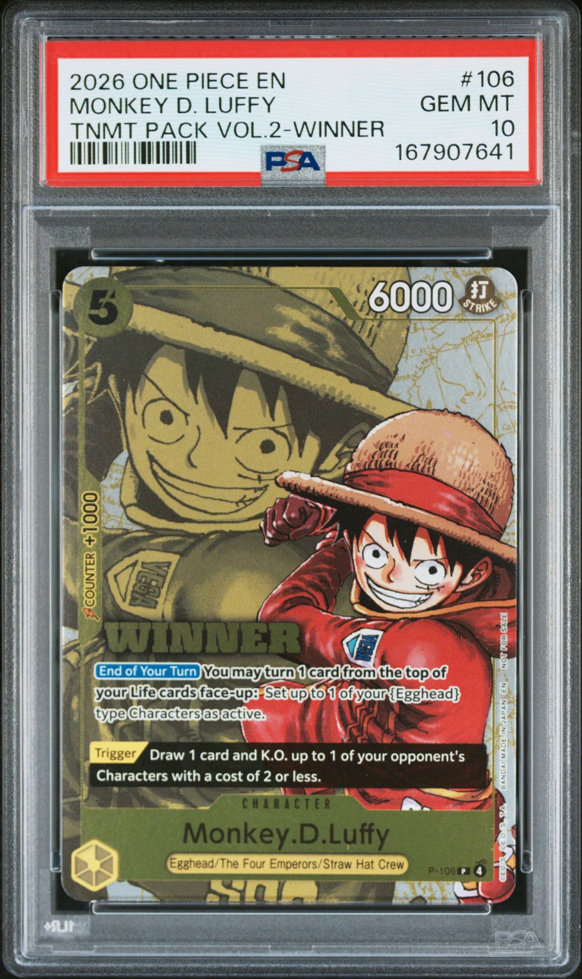 2026 One Piece Tournament Pack Vol.2 Monkey D. Luffy #106 (Tnmt Pack Vol.2-Winner) Gem Mt 10 front
