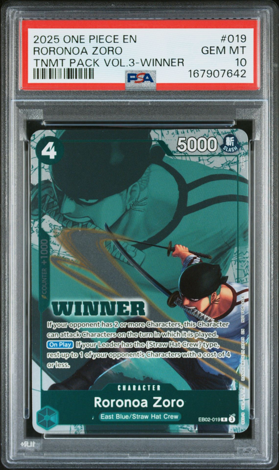 2025 One Piece Tournament Pack Vol.3 Roronoa Zoro #019 (Tnmt Pack Vol.3-Winner) Gem Mt 10 front view - PSA graded GEM MT 10