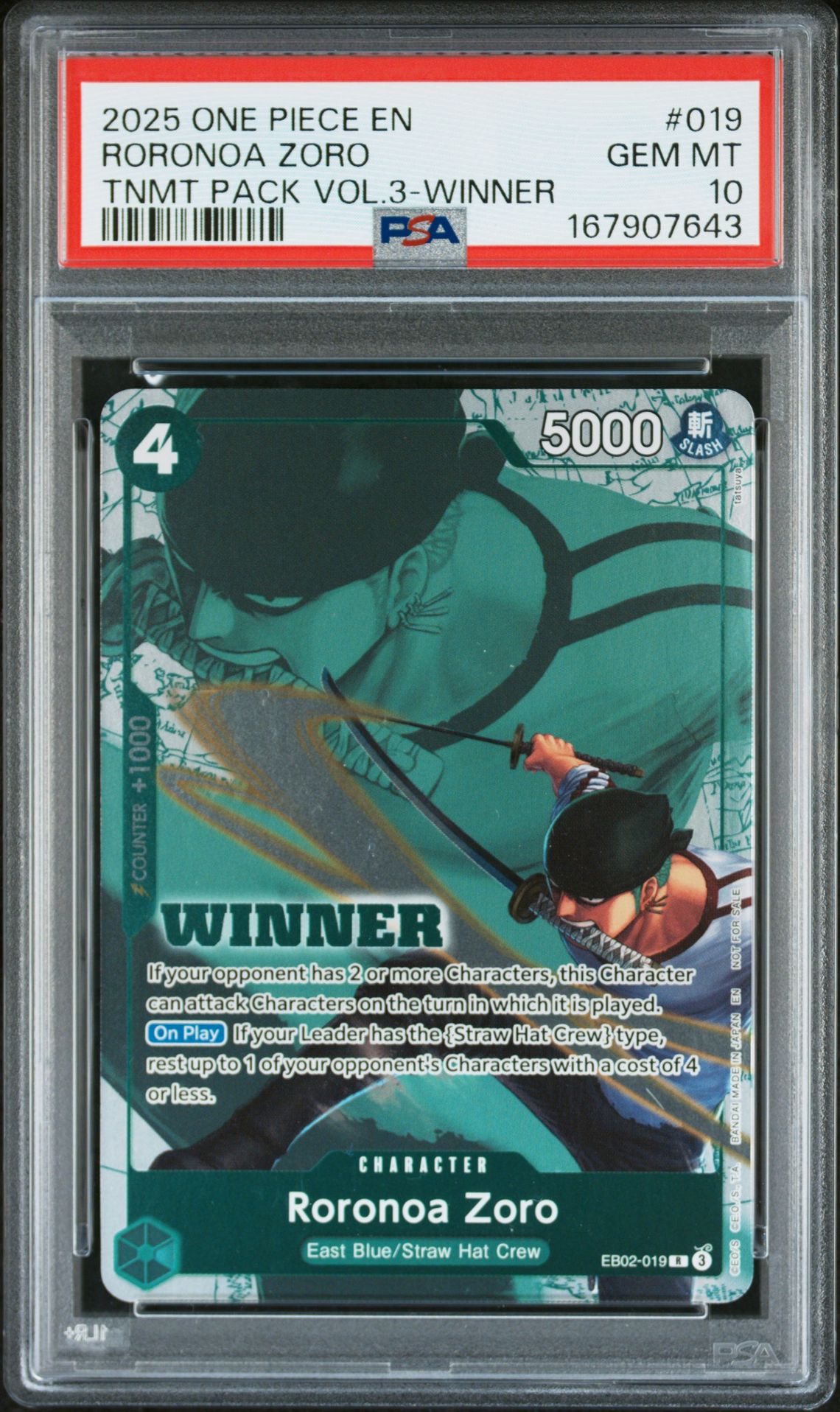 2025 One Piece Tournament Pack Vol.3 Roronoa Zoro #019 (Tnmt Pack Vol.3-Winner) Gem Mt 10 front view - PSA graded GEM MT 10