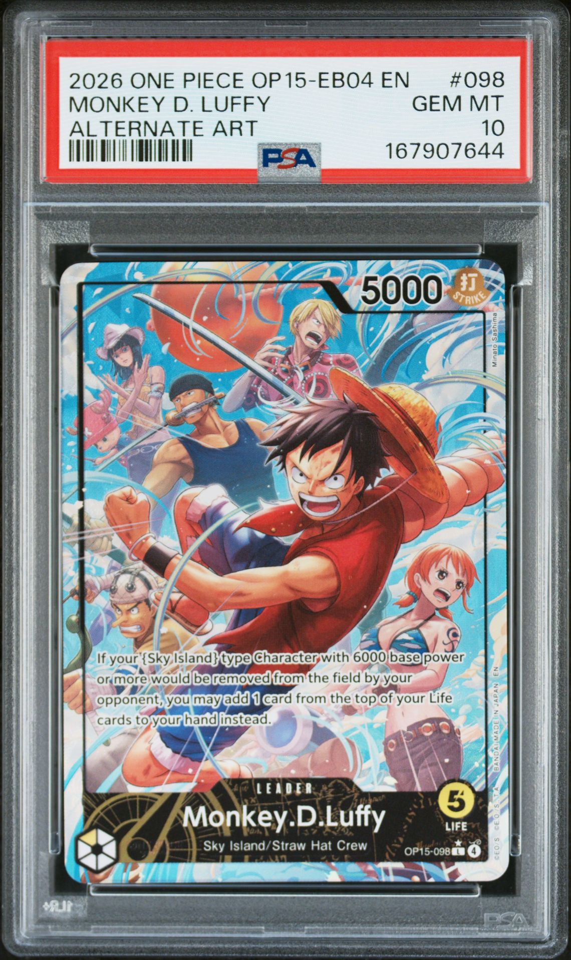 2026 One Piece Op15-Eb04-Adventure On Kami's Island Monkey D. Luffy #098 (Alternate Art) Gem Mt 10 front