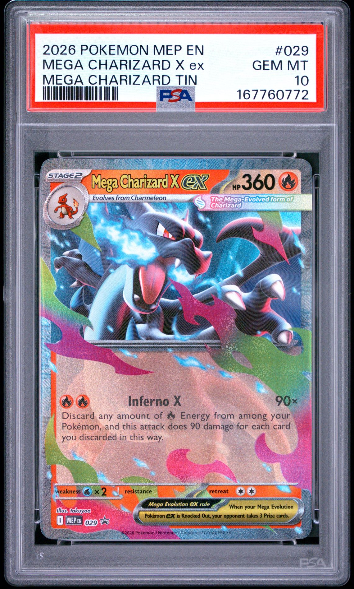 2026 Pokemon Mep En-Me Black Star Promo Mega Charizard X Ex #029 (Mega Charizard Tin) Gem Mt 10 front view - PSA graded GEM MT 10