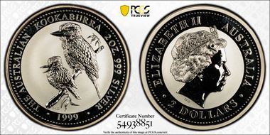 1999-P $2 Kookaburra 2oz Ag MS69