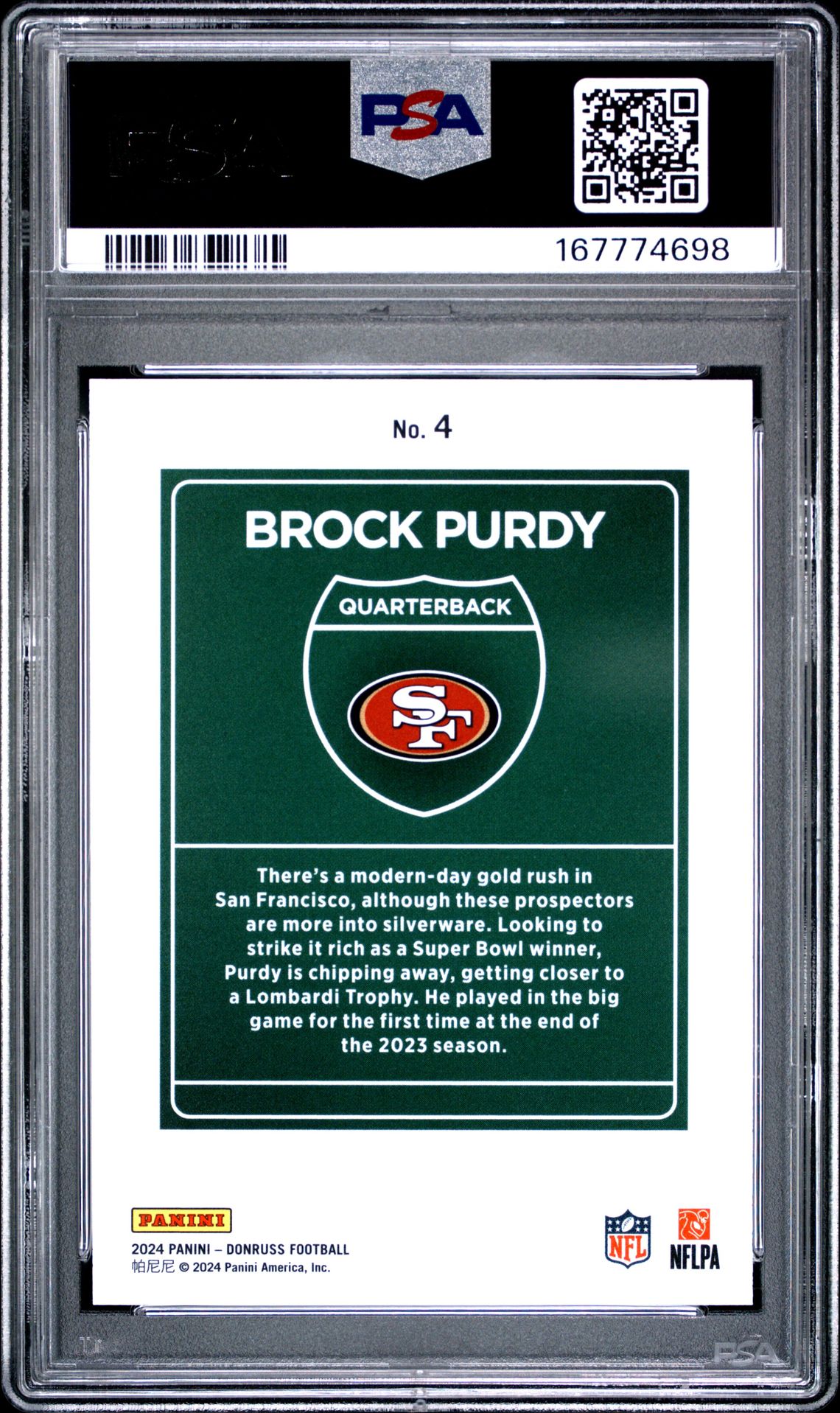 2024 Panini Donruss Downtown! Brock Purdy #4 Gem Mt 10 back