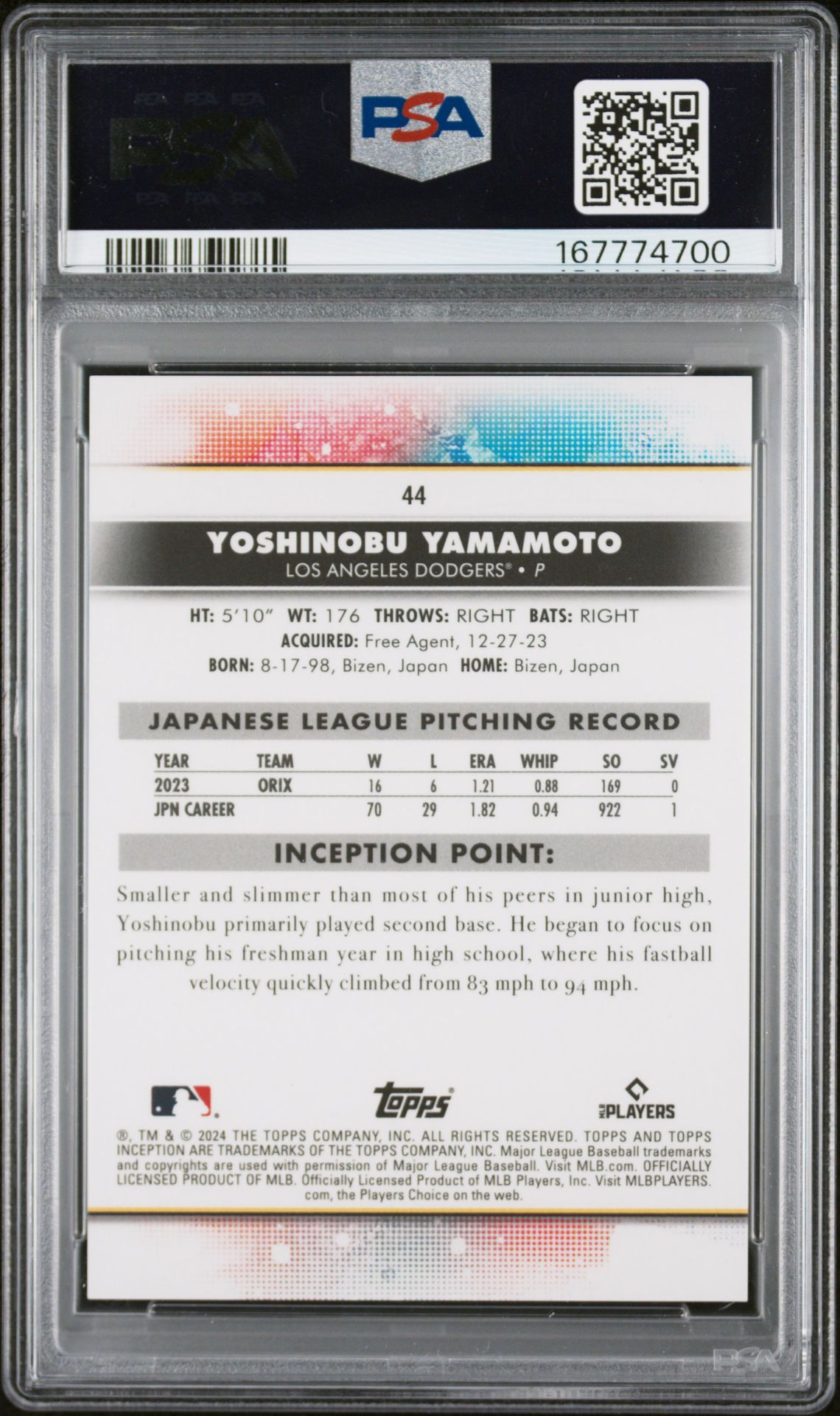 2024 Topps Inception Yoshinobu Yamamoto #44 Mint 9 back