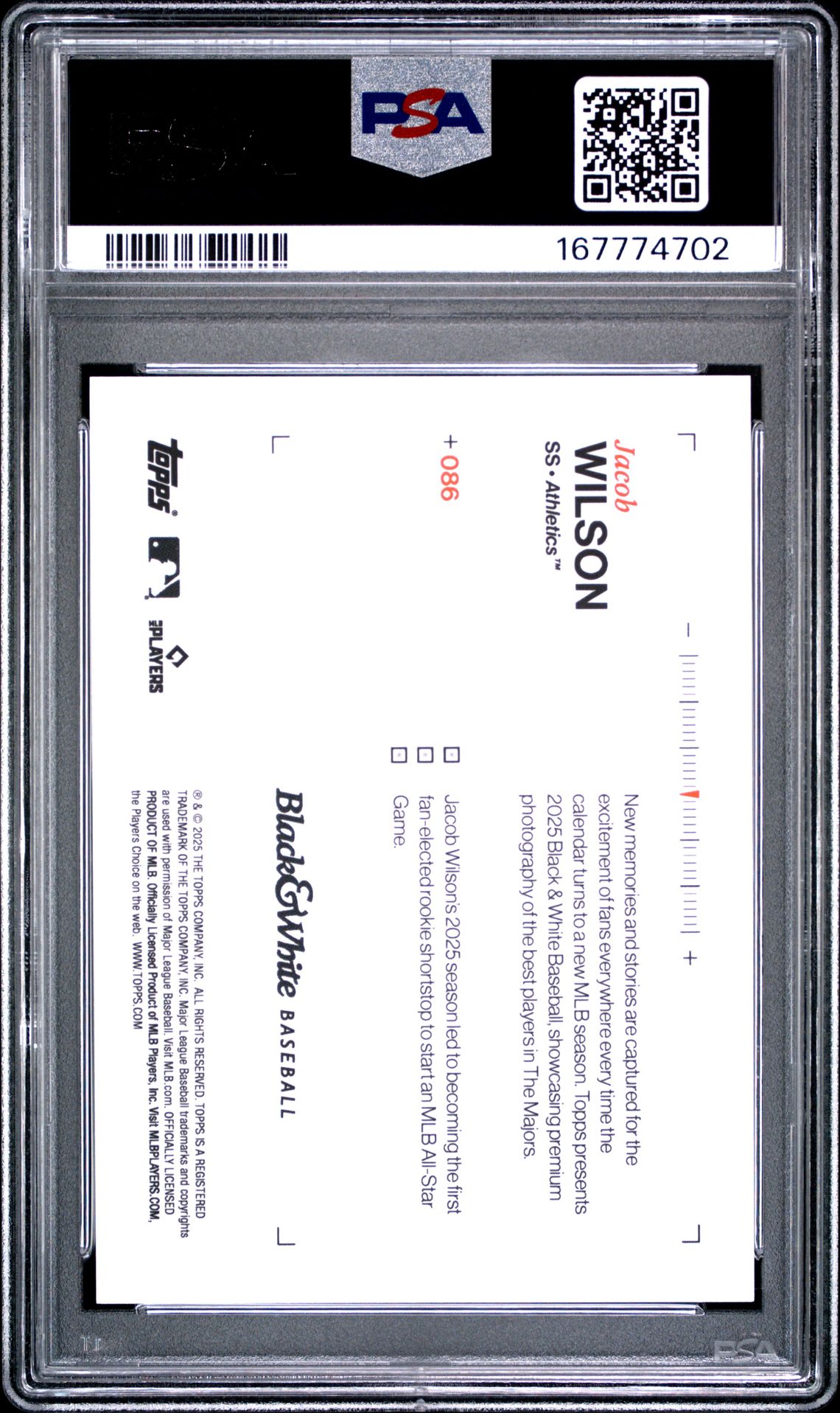2025 Topps Black And White Jacob Wilson #86 (Yellow) Gem Mt 10 back