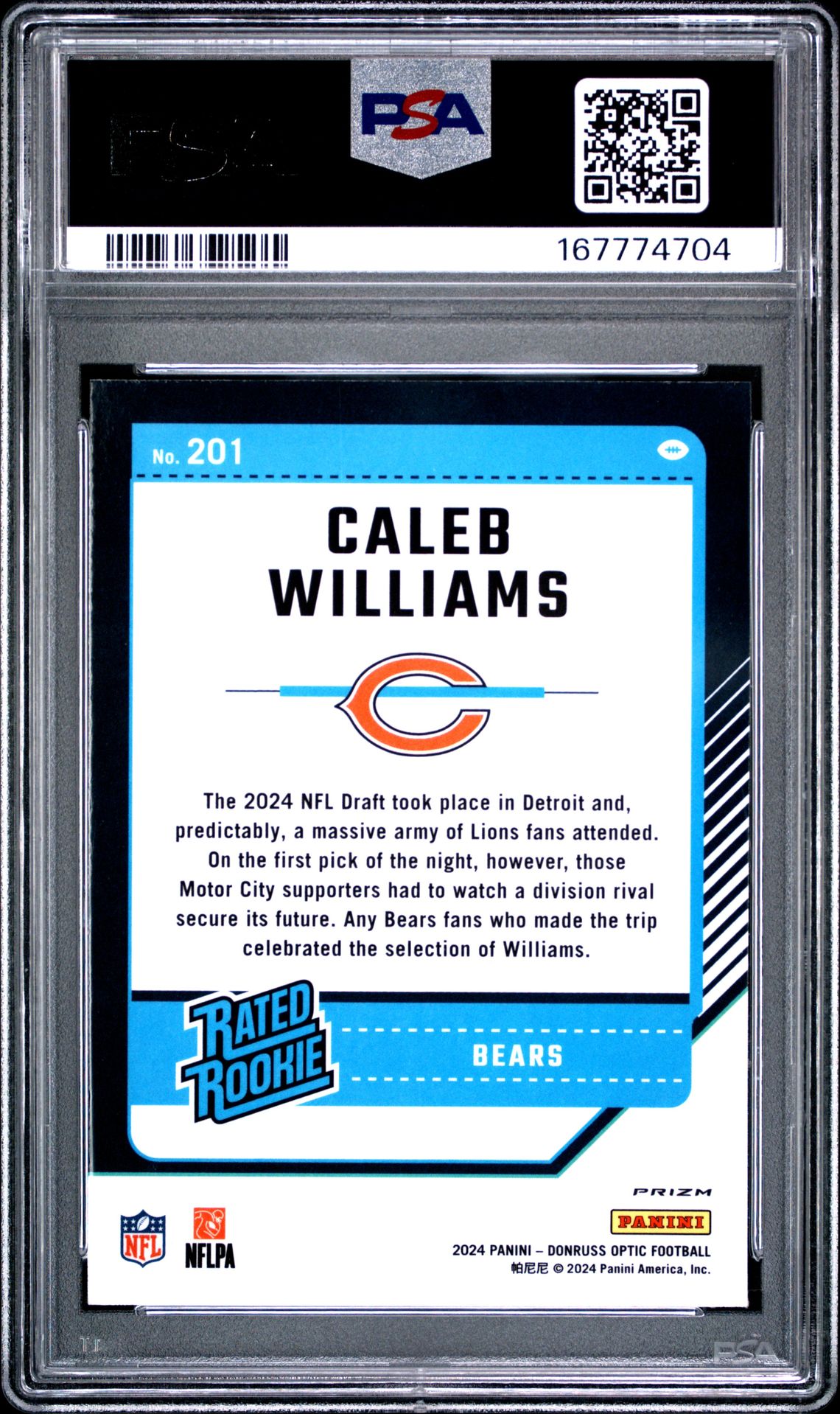 2024 Panini Donruss Optic Caleb Williams #201 (Purple Shock) Gem Mt 10 back