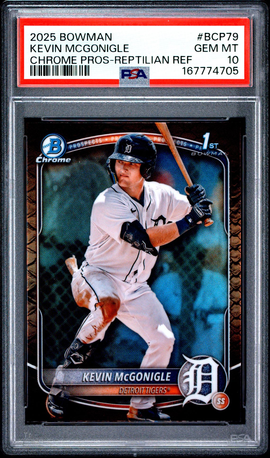 2025 Bowman Chrome Prospects Kevin Mcgonigle #Bcp79 (Chrome Pros-Reptilian Ref) Gem Mt 10 front view - PSA graded GEM MT 10