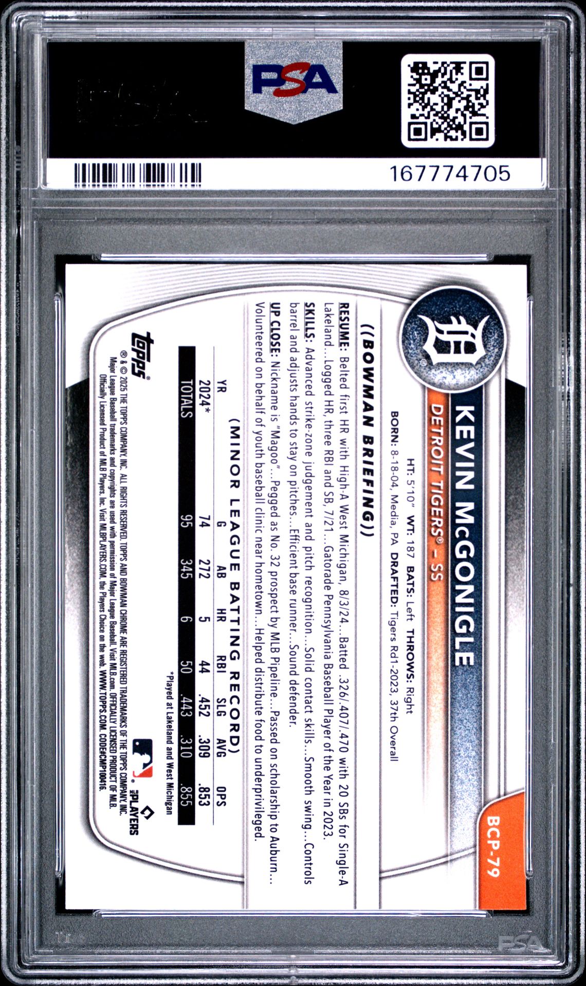 2025 Bowman Chrome Prospects Kevin Mcgonigle #Bcp79 (Chrome Pros-Reptilian Ref) Gem Mt 10 back view - PSA certificate #167774705