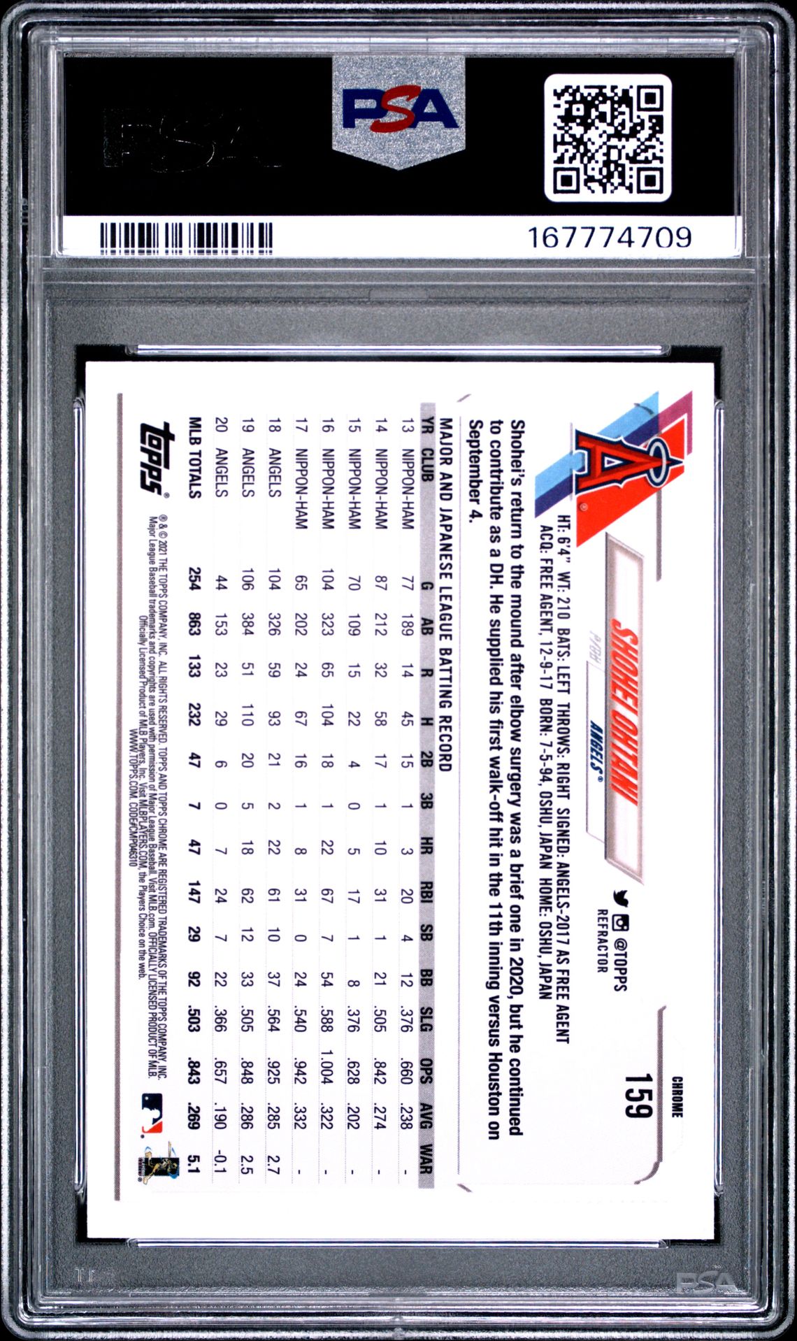 2021 Topps Chrome Shohei Ohtani #159 (Refractor) Gem Mt 10 back