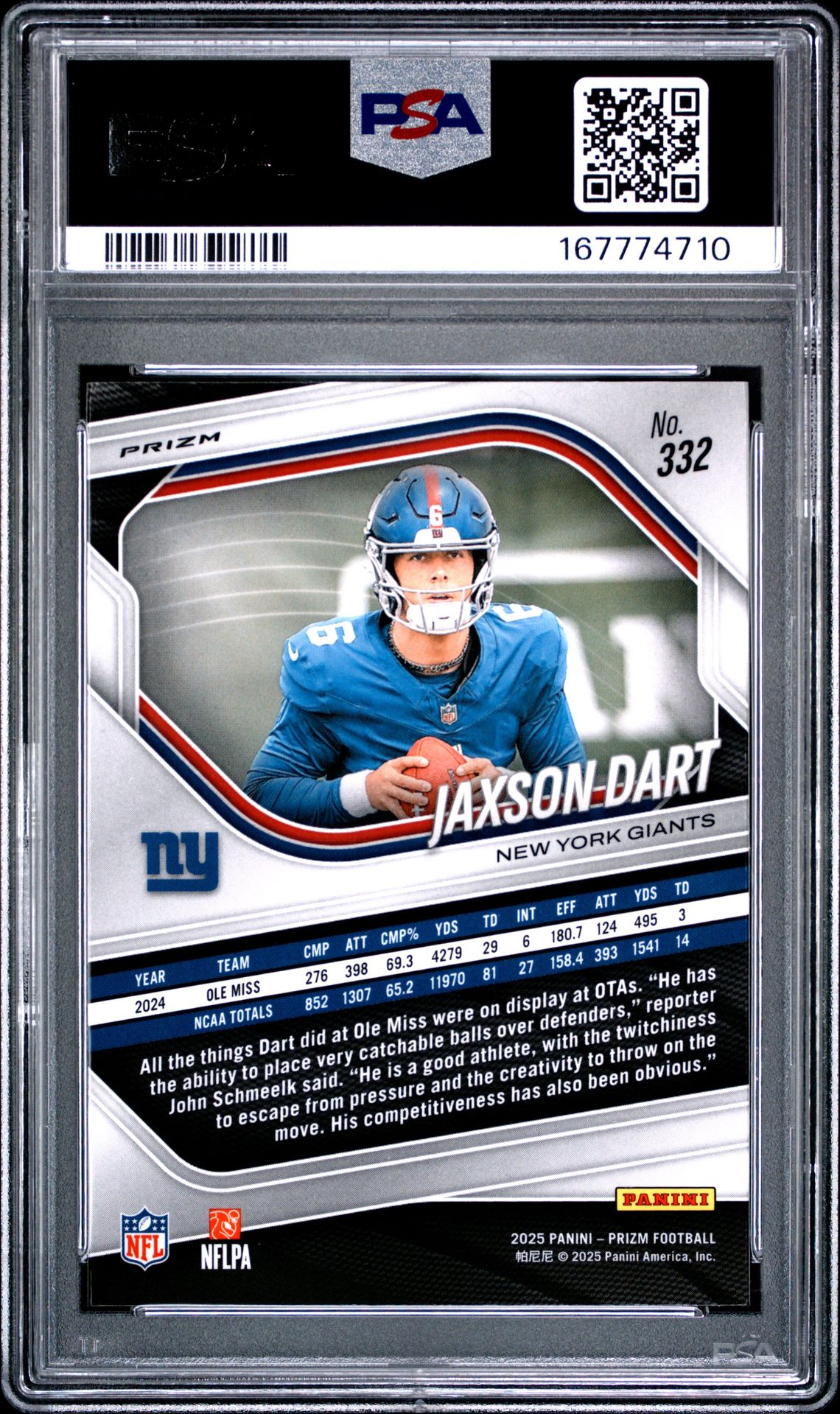 2025 Panini Prizm Jaxson Dart #332 (Lazer Prizm) Gem Mt 10 back