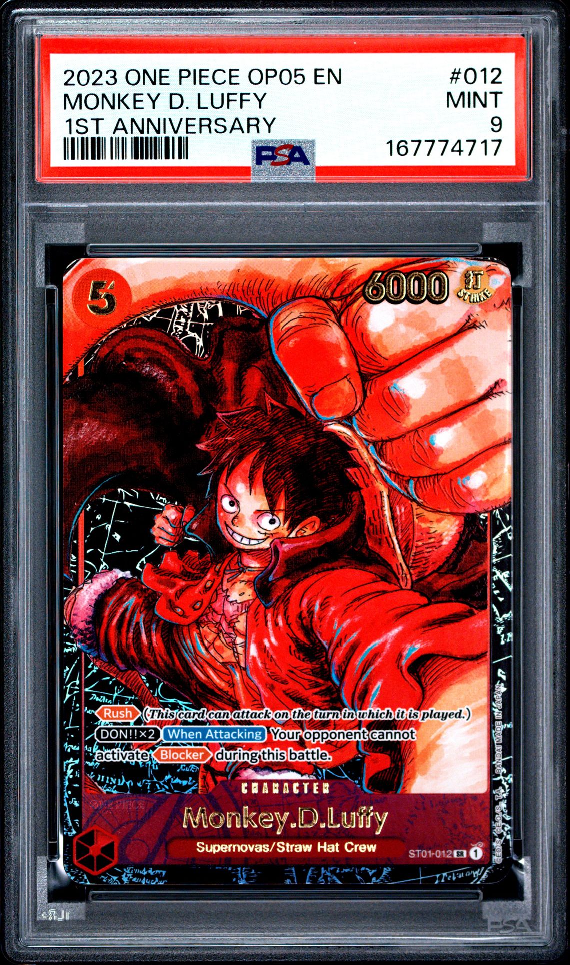 2023 One Piece Op05-Awakening Of The New Era Monkey D. Luffy #012 (1St Anniversary) Mint 9 front