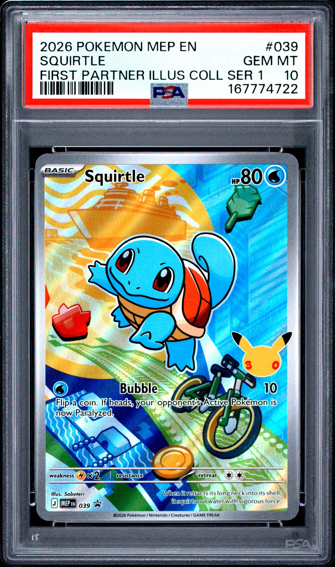 2026 Pokemon Mep En-Me Black Star Promo Squirtle #039 (First Partner Illus Coll Ser 1) Gem Mt 10 front view - PSA graded GEM MT 10