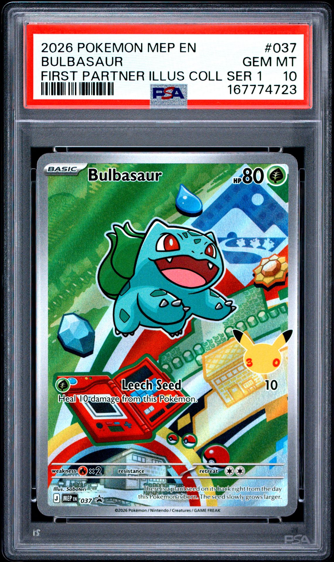 2026 Pokemon Mep En-Me Black Star Promo Bulbasaur #037 (First Partner Illus Coll Ser 1) Gem Mt 10 front view - PSA graded GEM MT 10
