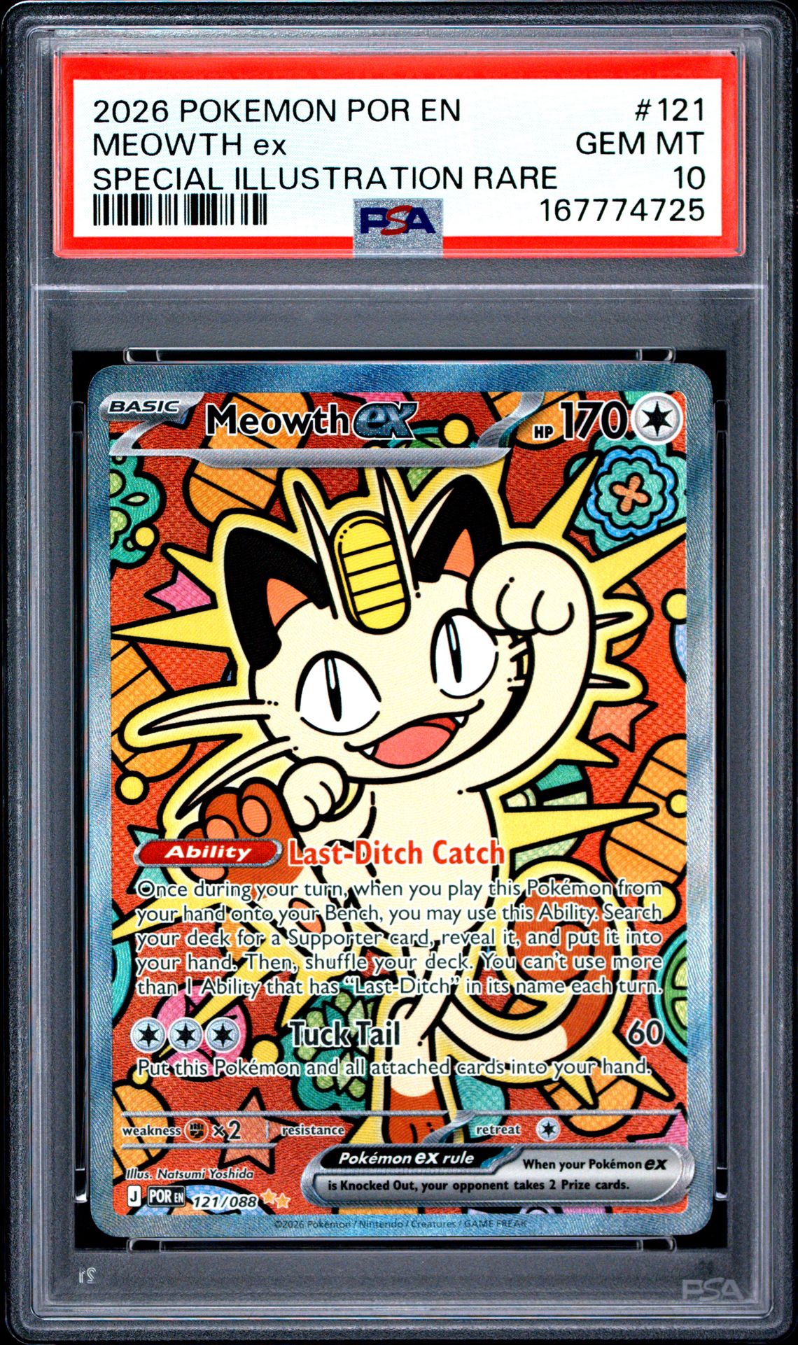 2026 Pokemon Por En-Perfect Order Meowth Ex #121 (Special Illustration Rare) Gem Mt 10 front view - PSA graded GEM MT 10
