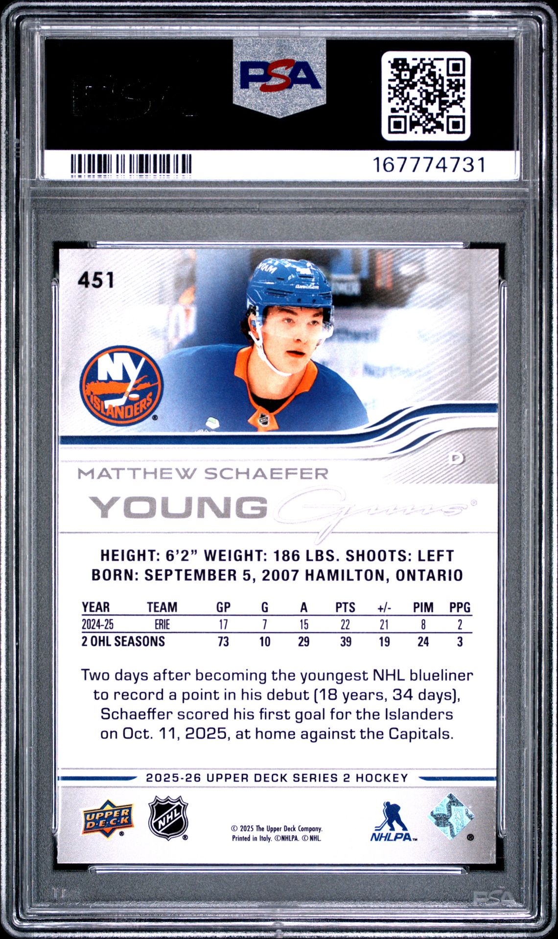2025 Upper Deck Matthew Schaefer #451 Mint 9 back