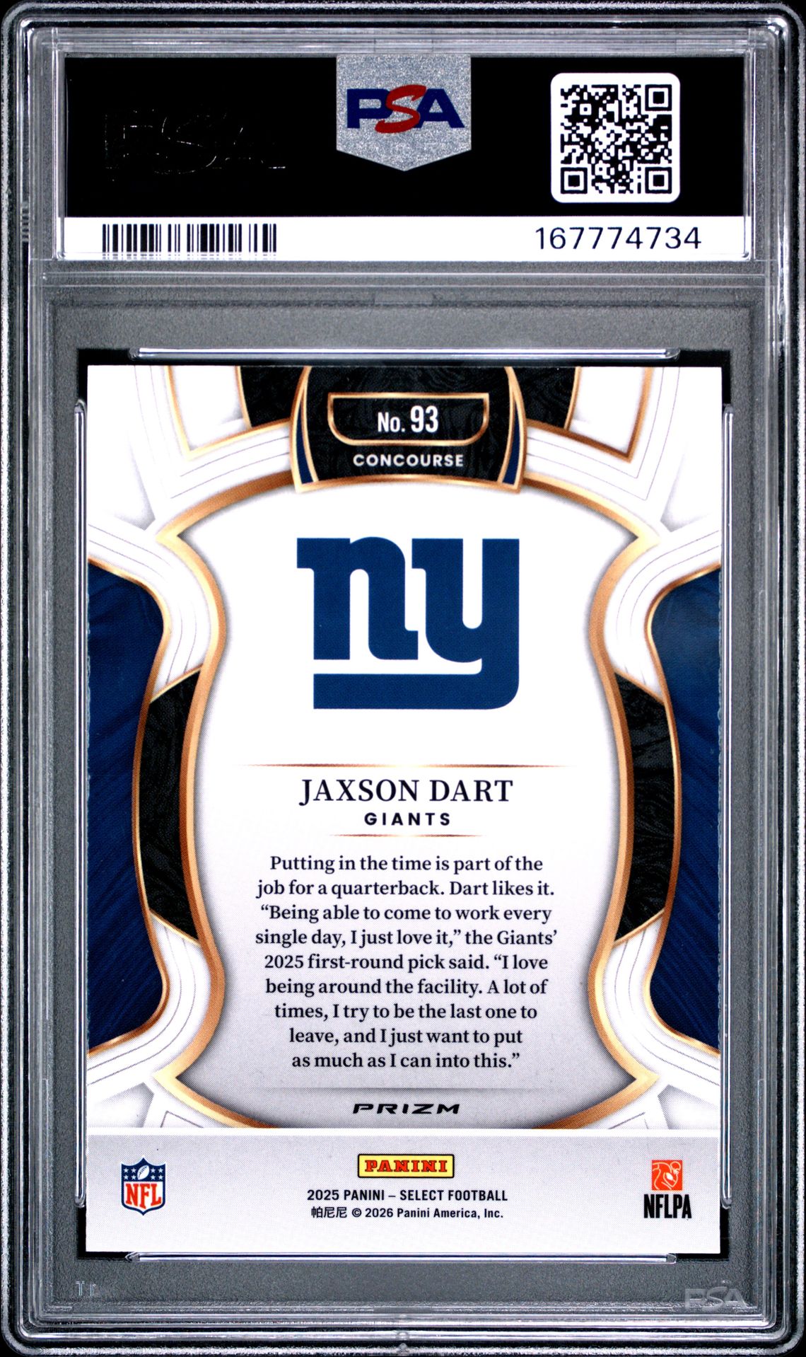 2025 Panini Select Jaxson Dart #93 (Black & Gold Shock) Mint 9 back