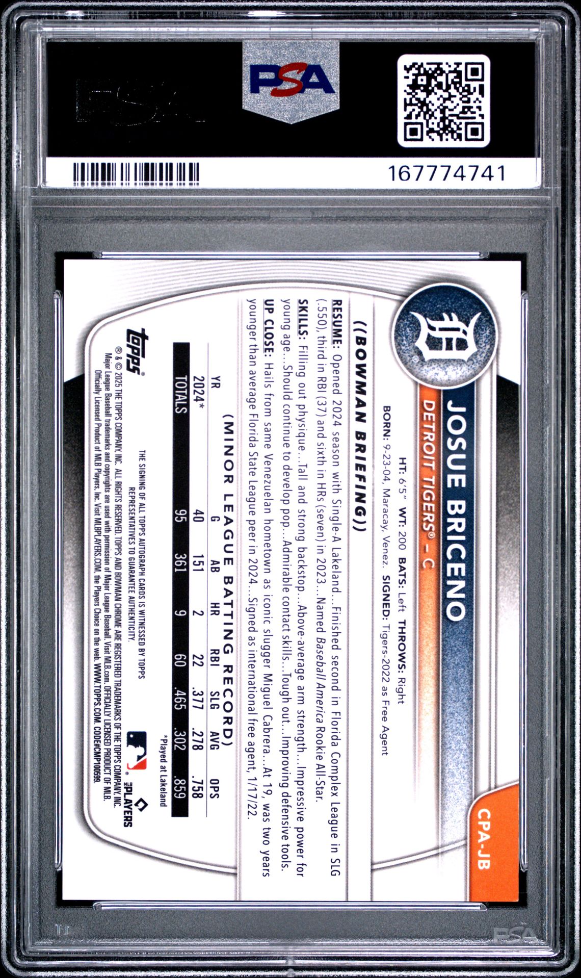 2025 Bowman Chrome Prospect Autographs Josue Briceno #Cpajb (Chrome Prospect Au-Mini Dia) Mint 9 back
