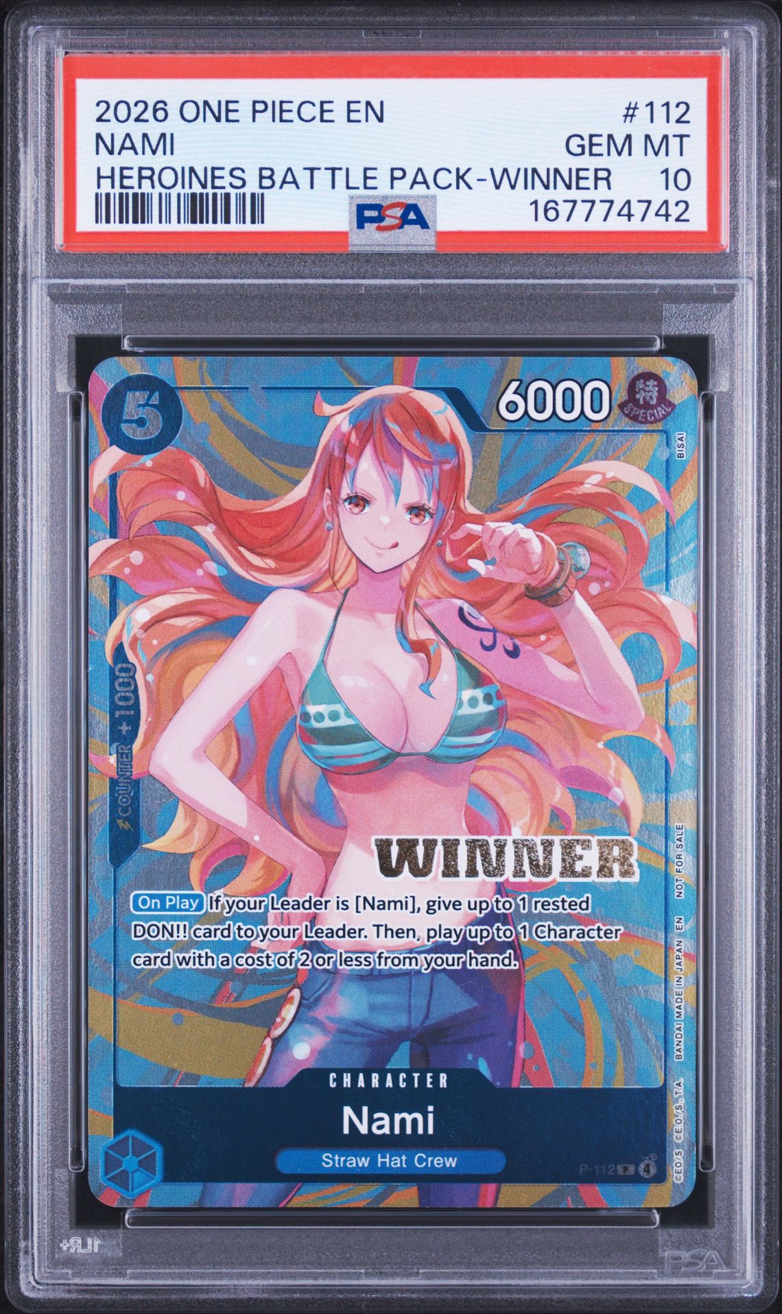2026 One Piece Heroines Battle Pack Nami #112 (Heroines Battle Pack-Winner) Gem Mt 10 front view - PSA graded GEM MT 10