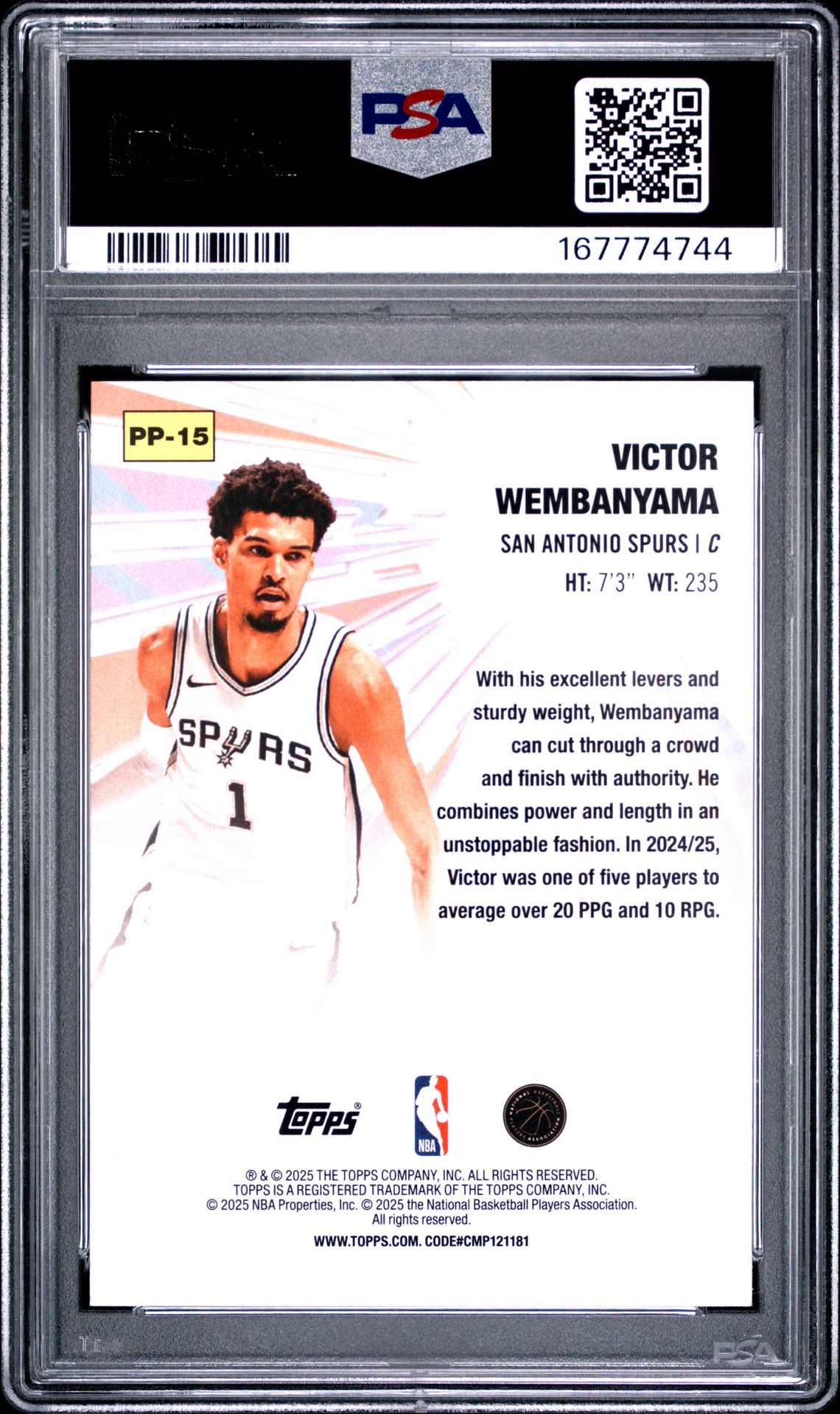 2025 Topps Power Players Victor Wembanyama #Pp-15 Gem Mt 10 back view - PSA certificate #167774744