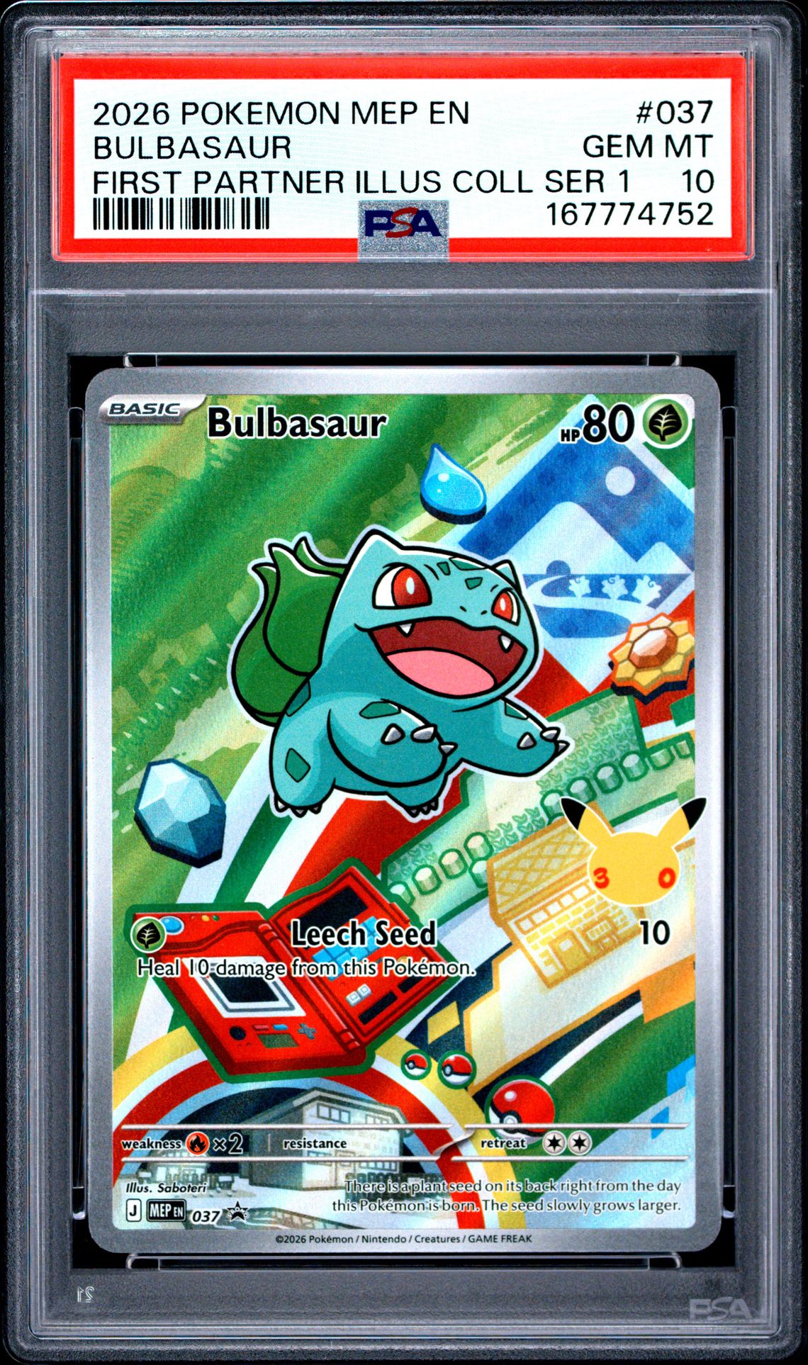 2026 Pokemon Mep En-Me Black Star Promo Bulbasaur #037 (First Partner Illus Coll Ser 1) Gem Mt 10 front view - PSA graded GEM MT 10