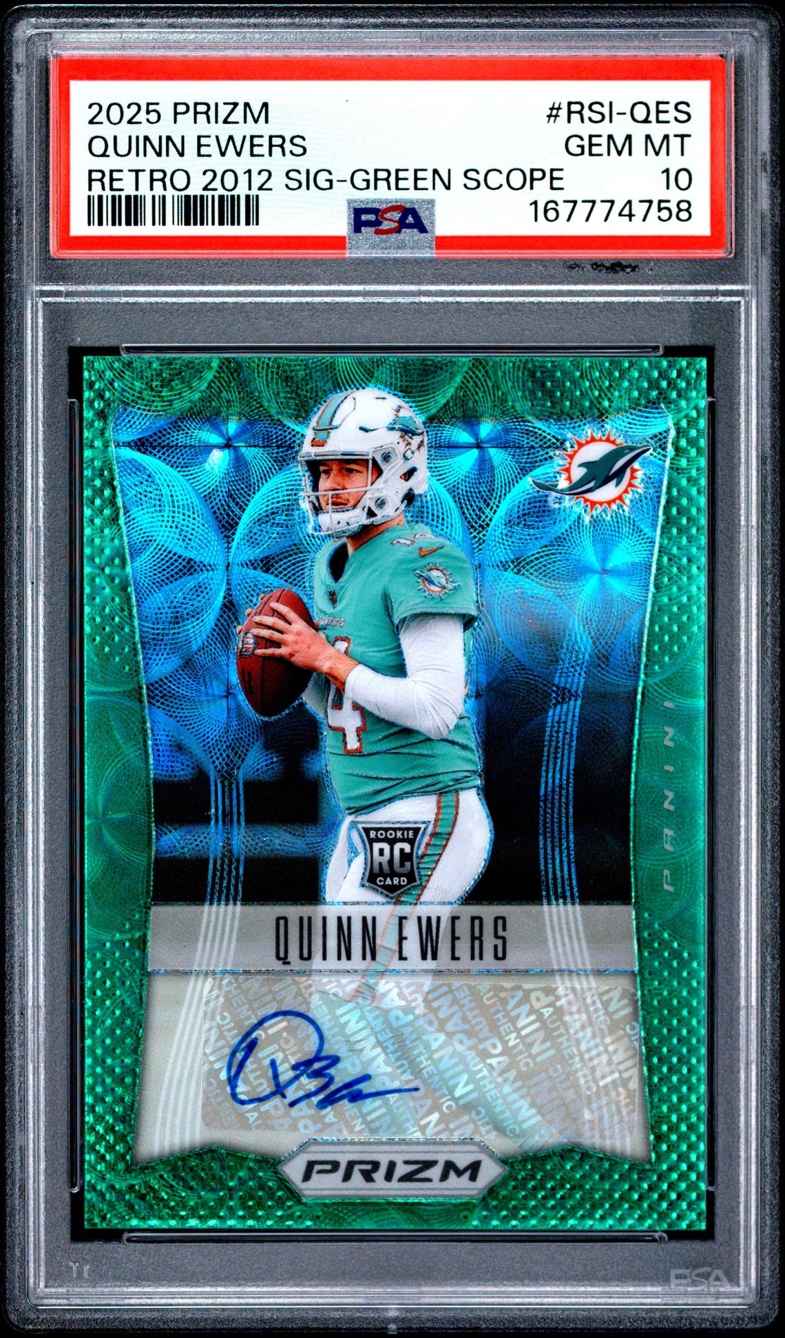 2025 PANINI PRIZM RETRO 2012 SIGNATURES QUINN EWERS RETRO 2012 SIG-GREEN SCOPE RSI-QES GEM MT 10 front