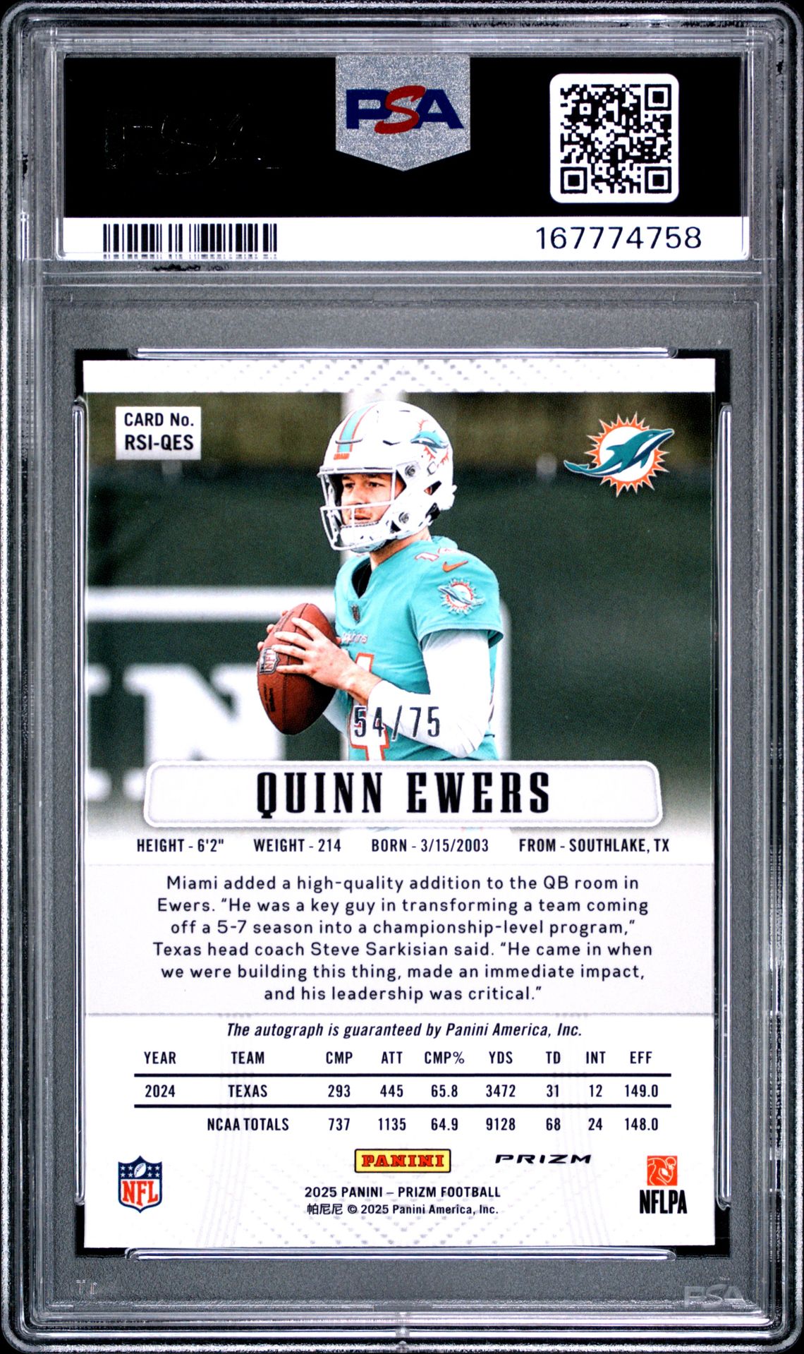 2025 PANINI PRIZM RETRO 2012 SIGNATURES QUINN EWERS RETRO 2012 SIG-GREEN SCOPE RSI-QES GEM MT 10 back