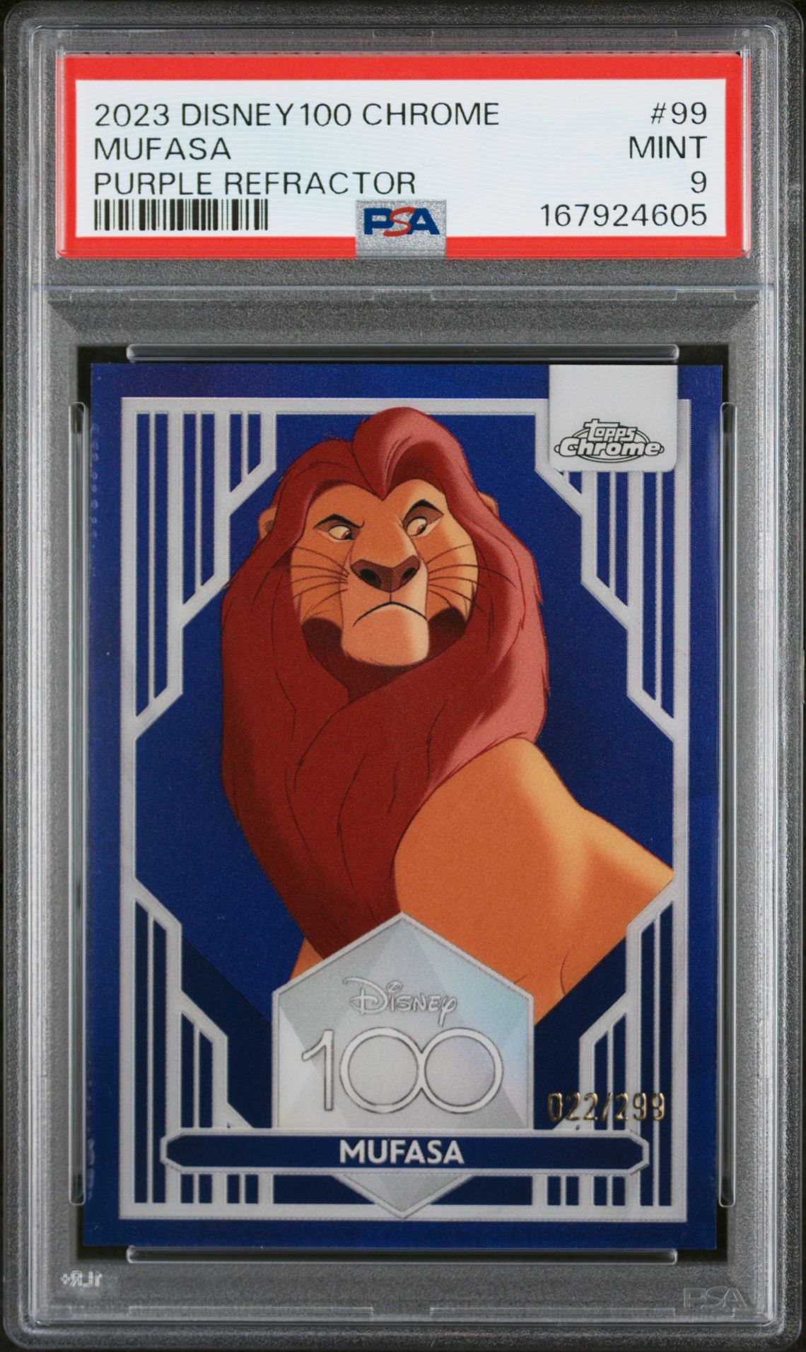 2023 Topps Chrome Disney100 Mufasa #99 (Purple Refractor) Mint 9 front