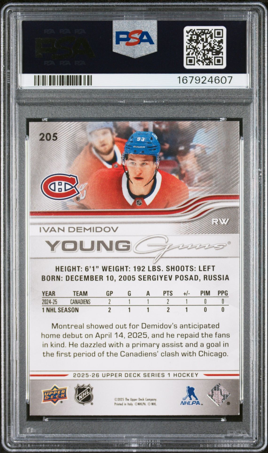 2025 Upper Deck Ivan Demidov #205 Mint 9 back