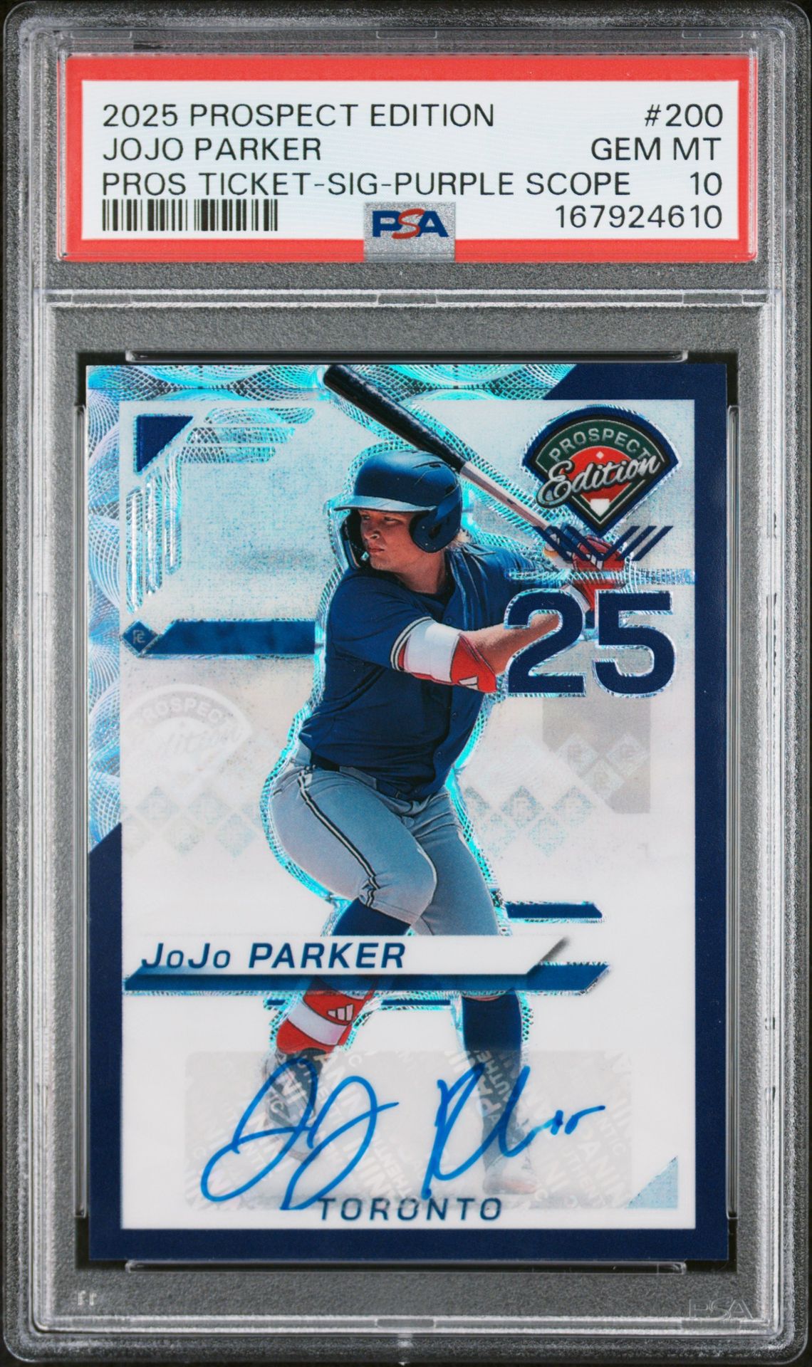2025 Panini Prospect Edition Prospect Ticket Jojo Parker #200 (Pros Ticket-Sig-Purple Scope) Gem Mt 10 front view - PSA graded GEM MT 10
