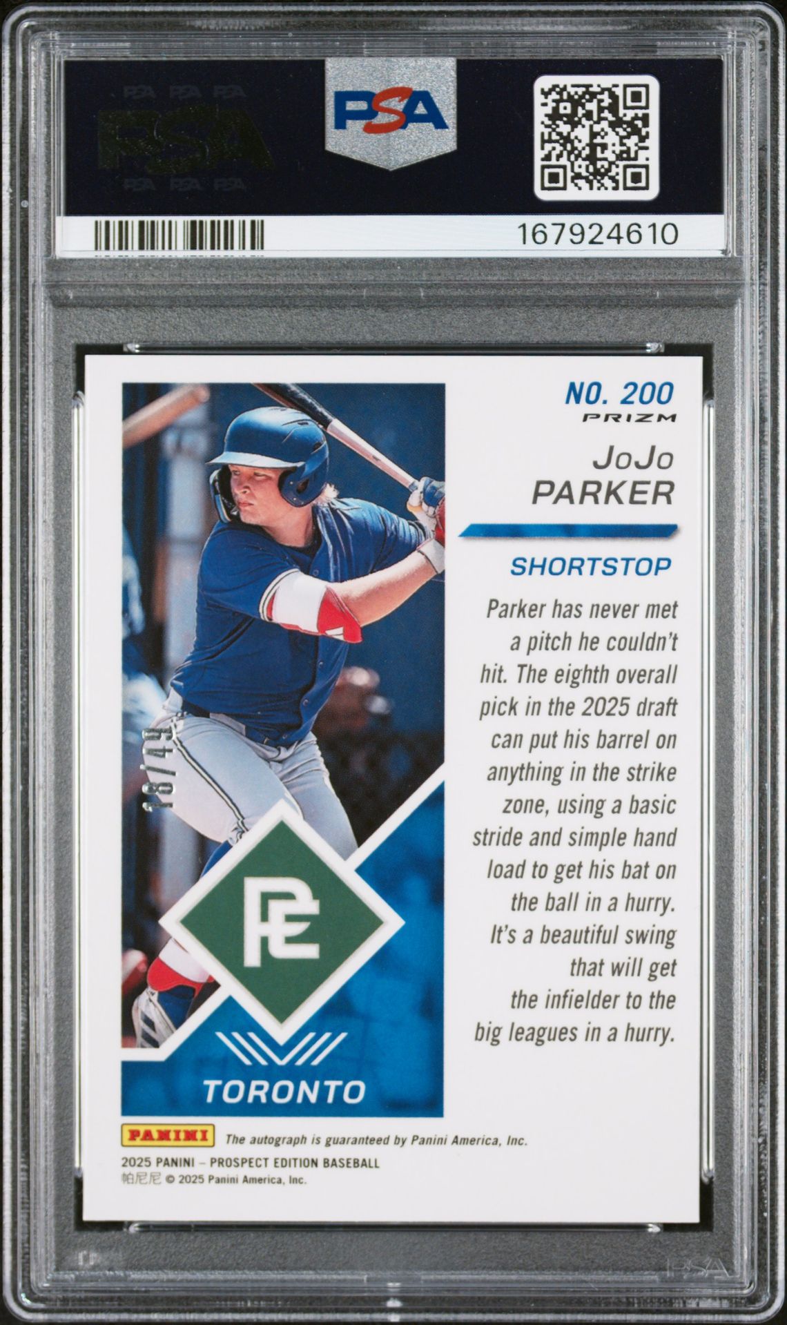 2025 Panini Prospect Edition Prospect Ticket Jojo Parker #200 (Pros Ticket-Sig-Purple Scope) Gem Mt 10 back view - PSA certificate #167924610