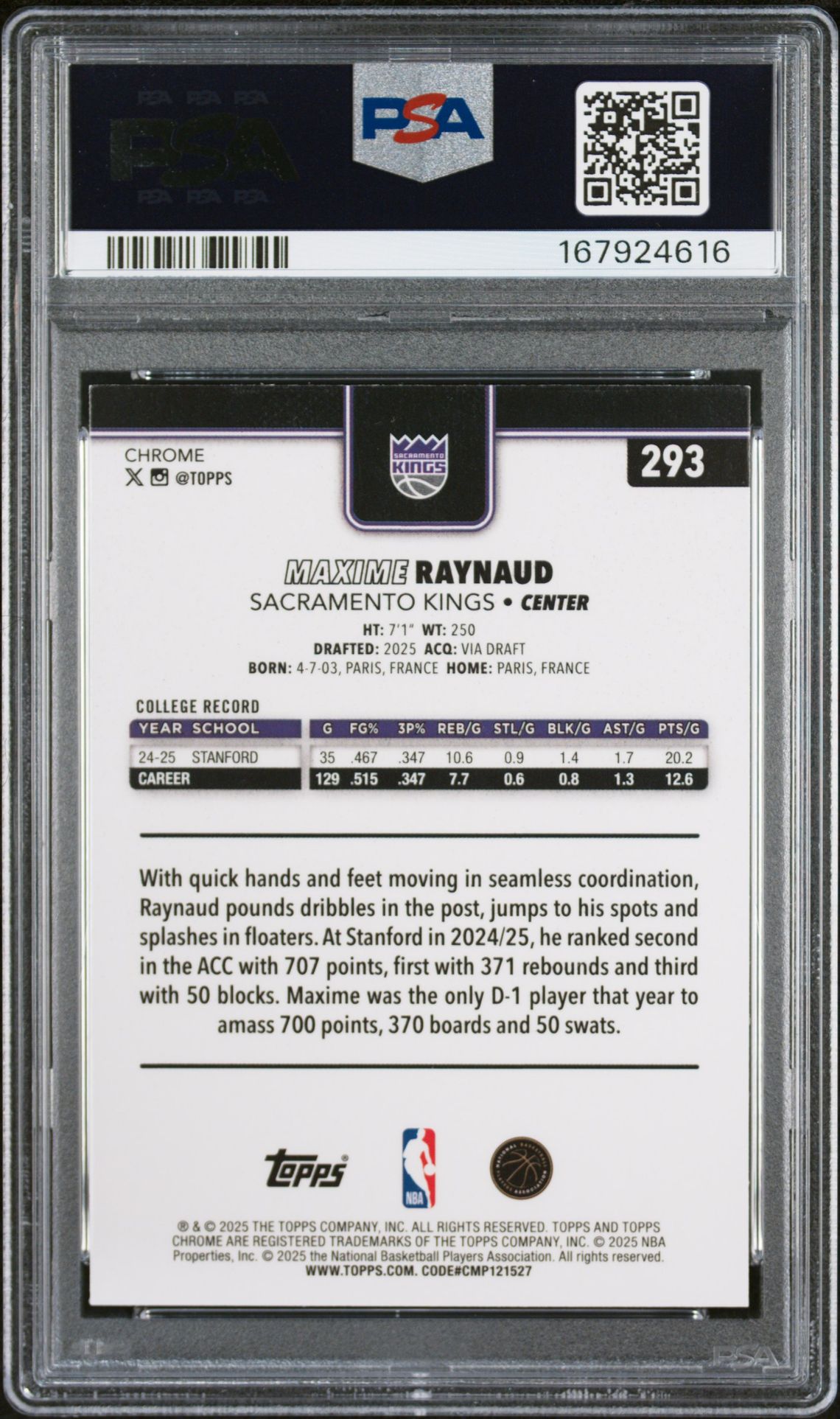 2025 Topps Chrome Maxime Raynaud #293 (Basketball Refractor) Nm-Mt 8 back