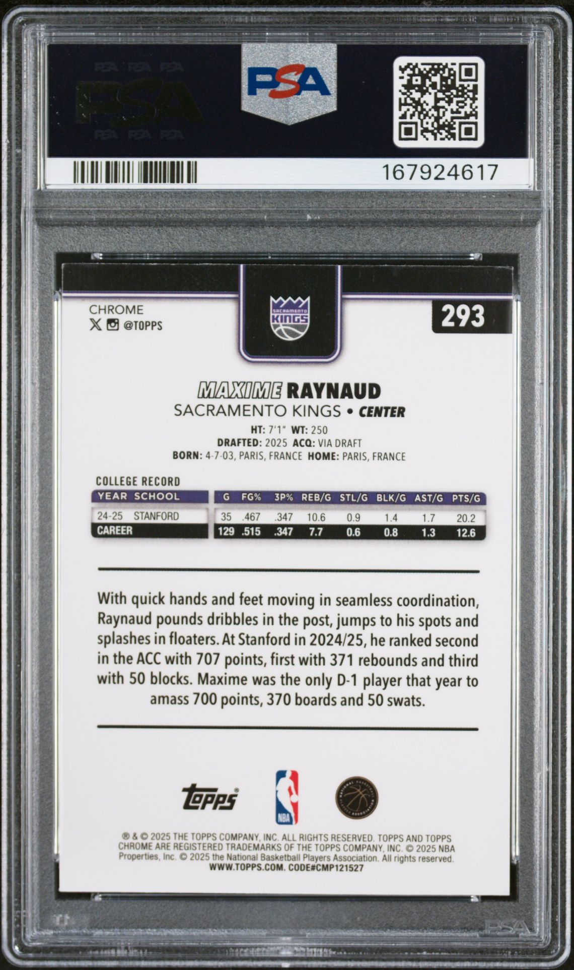 2025 Topps Chrome Maxime Raynaud #293 (Basketball Refractor) Nm-Mt 8 back