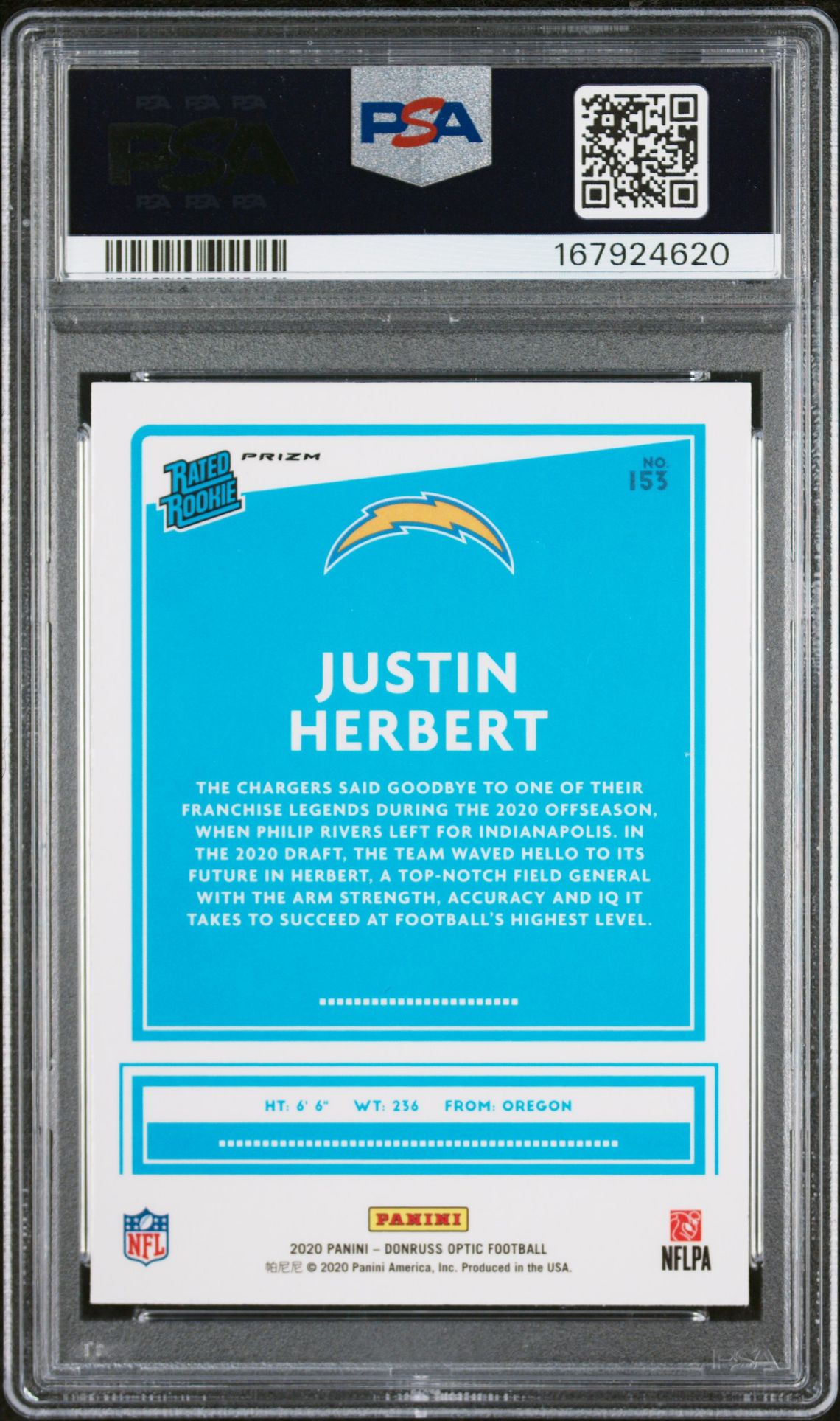2020 Panini Donruss Optic Justin Herbert #153 (Blue Scope) Gem Mt 10 back view - PSA certificate #167924620