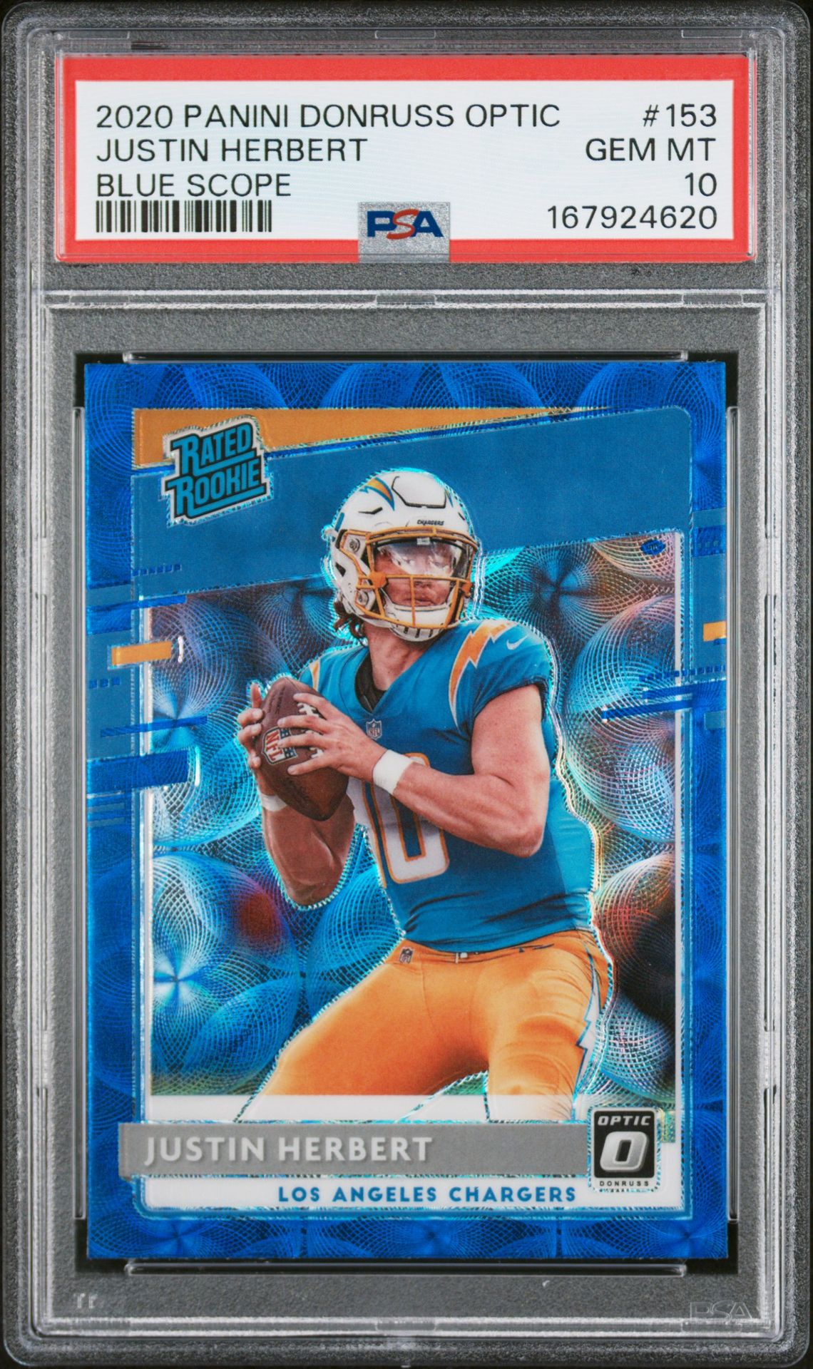 2020 Panini Donruss Optic Justin Herbert #153 (Blue Scope) Gem Mt 10 front view - PSA graded GEM MT 10