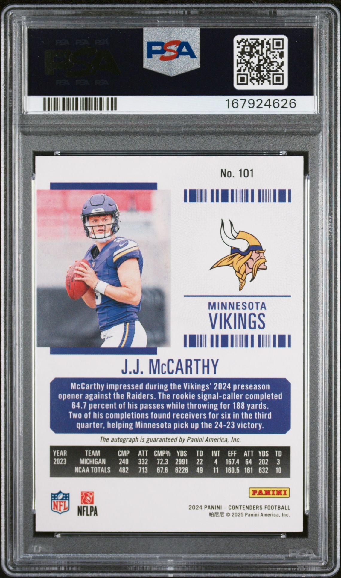 2024 Panini Contenders Jj Mccarthy #101 (Autograph) Mint 9 back