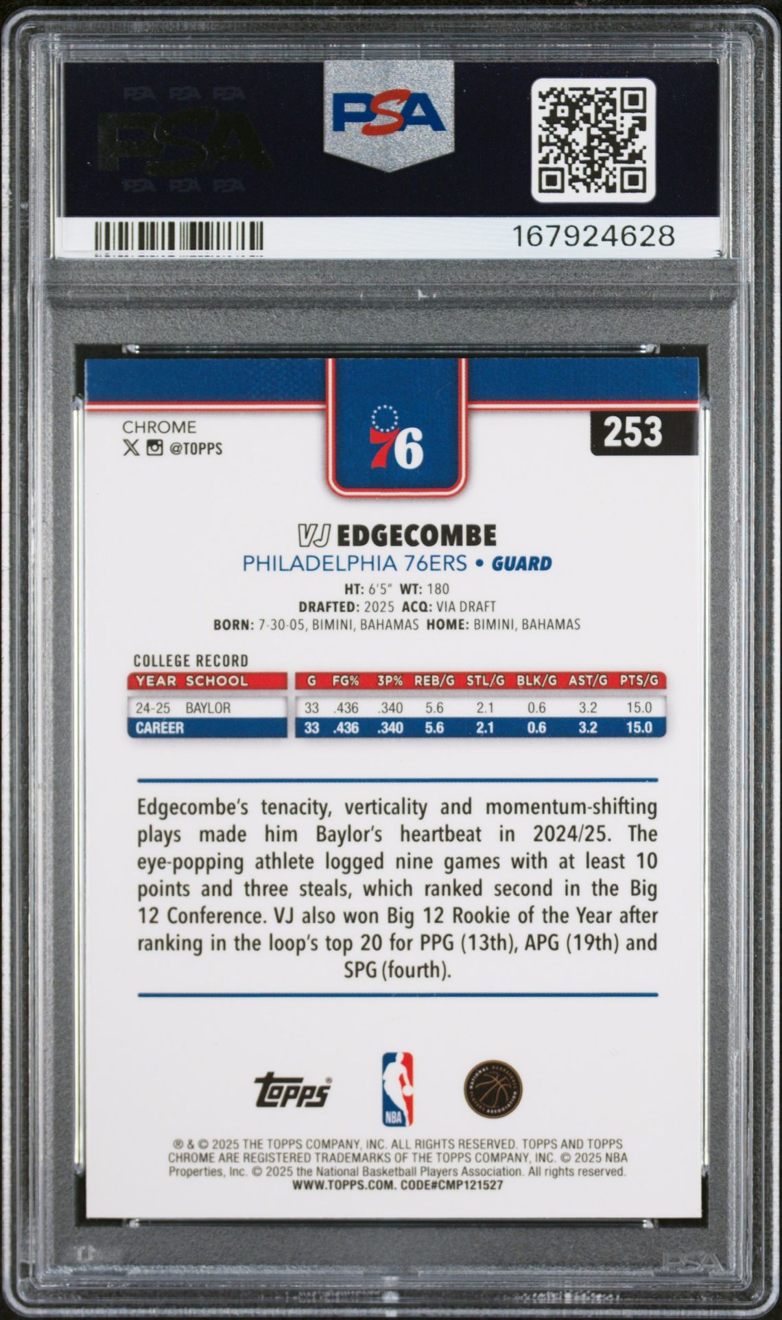 2025 Topps Chrome Vj Edgecombe #253 (Refractor) Gem Mt 10 back view - PSA certificate #167924628