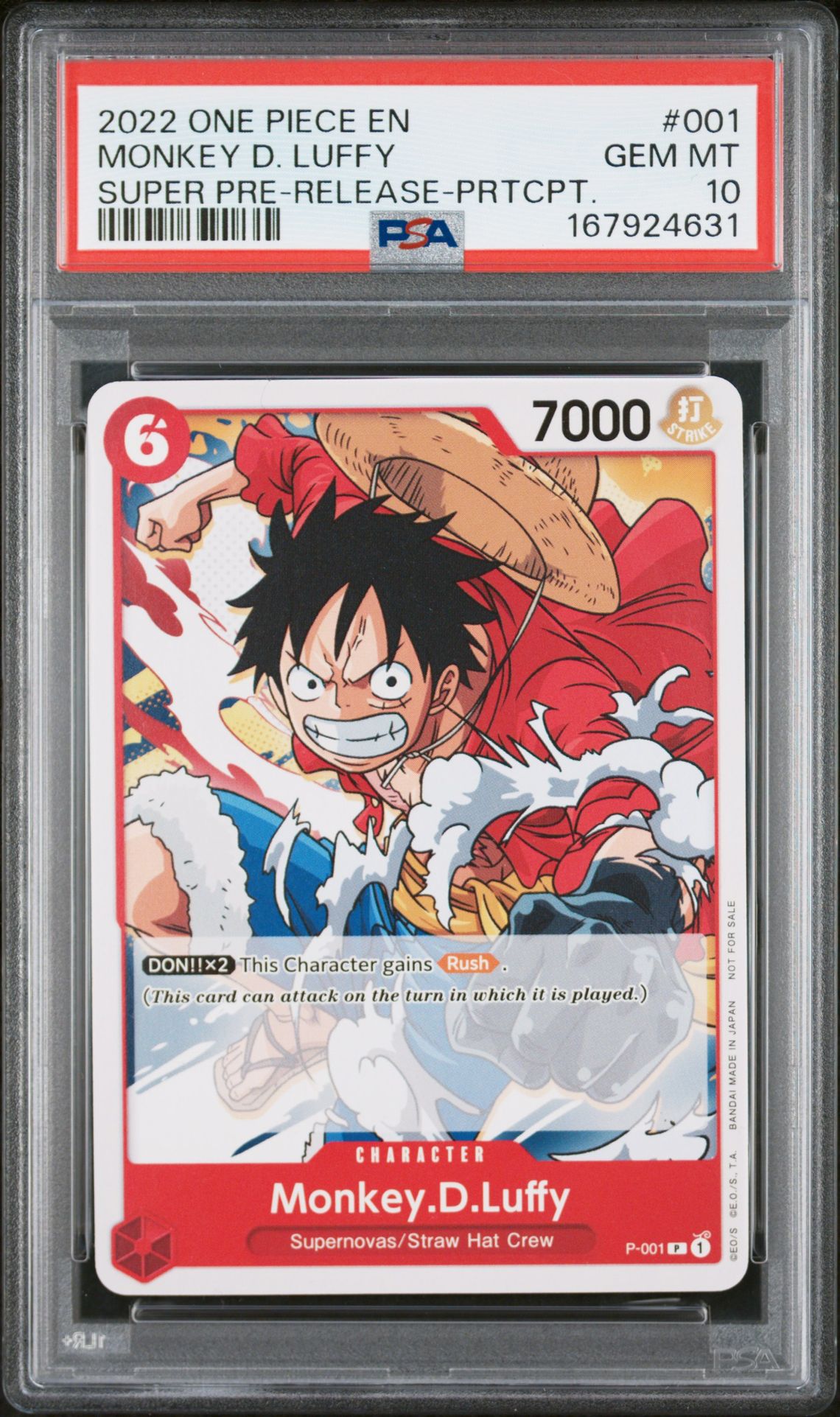 2022 One Piece Promos Monkey D. Luffy #001 (Super Pre-Release) Gem Mt 10 front view - PSA graded GEM MT 10