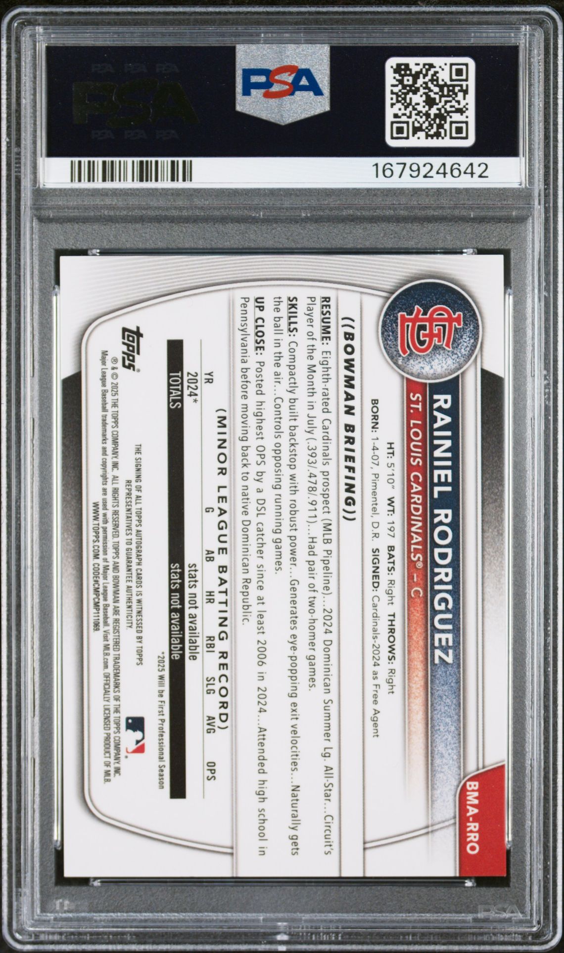 2025 Bowman Chrome Mega Box Chrome Prospects Autographs Rainiel Rodriguez #Rro (Chrome Pros Auto-Gold Ref) Gem Mt 10 back view - PSA certificate #167924642