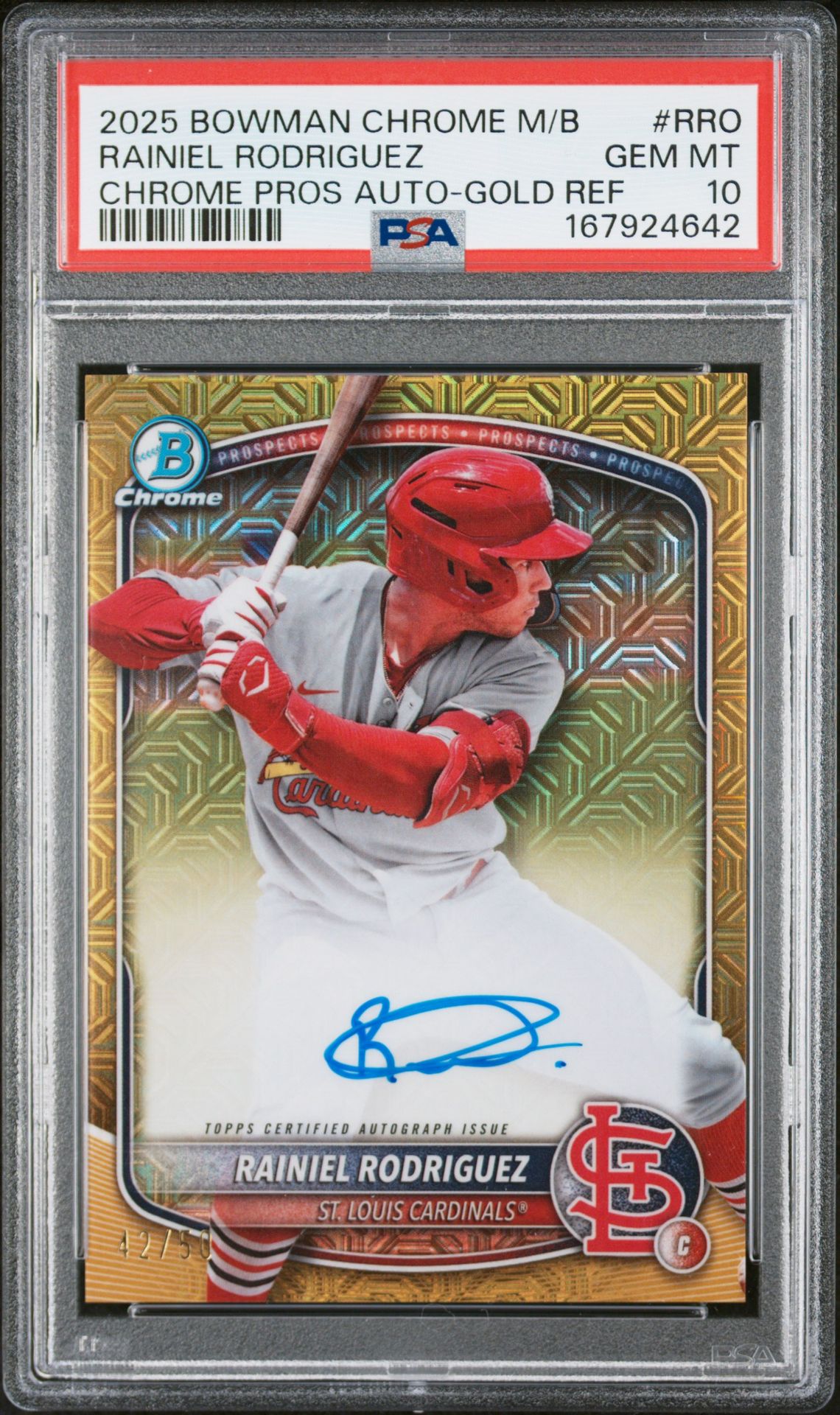 2025 Bowman Chrome Mega Box Chrome Prospects Autographs Rainiel Rodriguez #Rro (Chrome Pros Auto-Gold Ref) Gem Mt 10 front view - PSA graded GEM MT 10