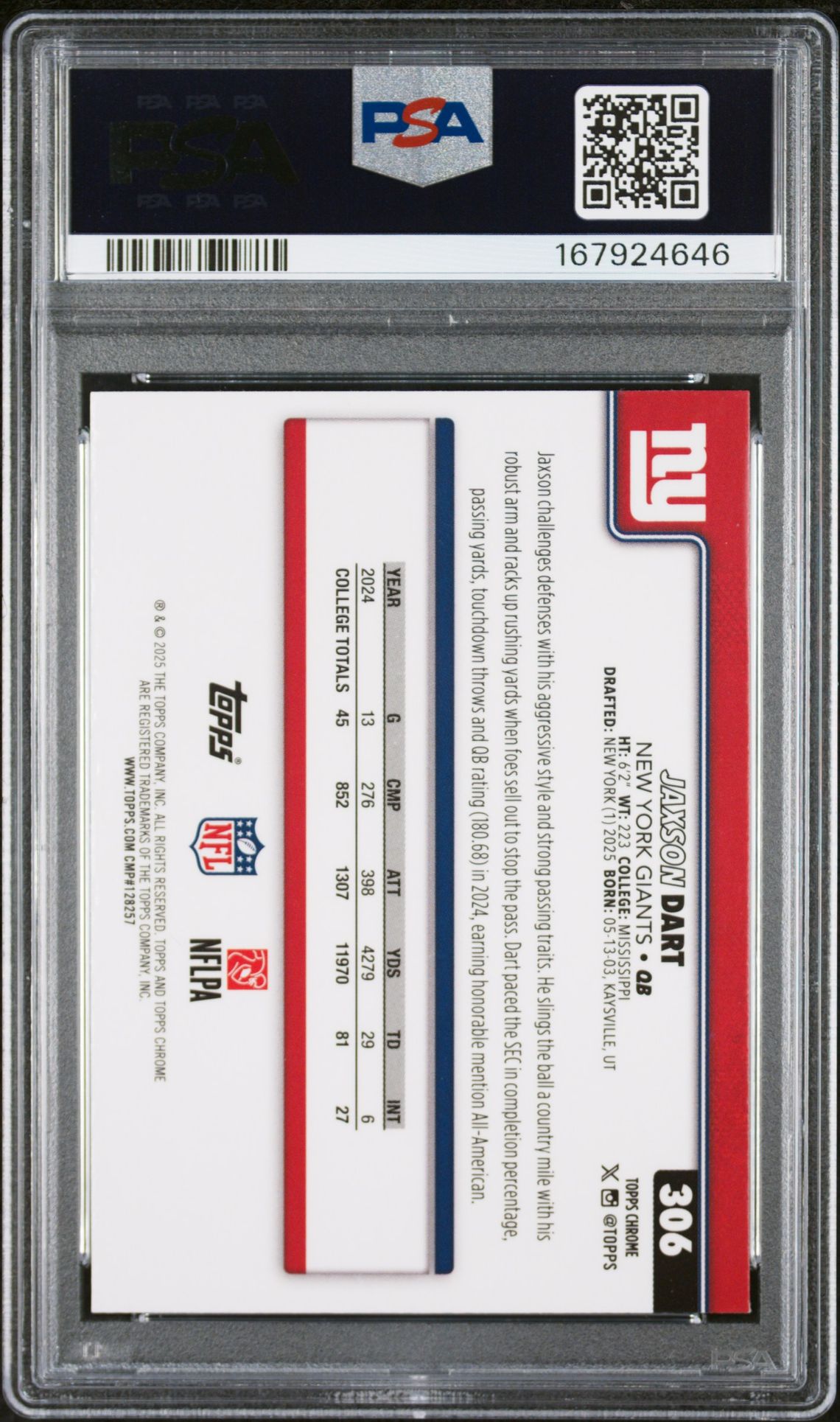 2025 Topps Chrome Jaxson Dart #306 (Lime Green X-Fractor) Gem Mt 10 back