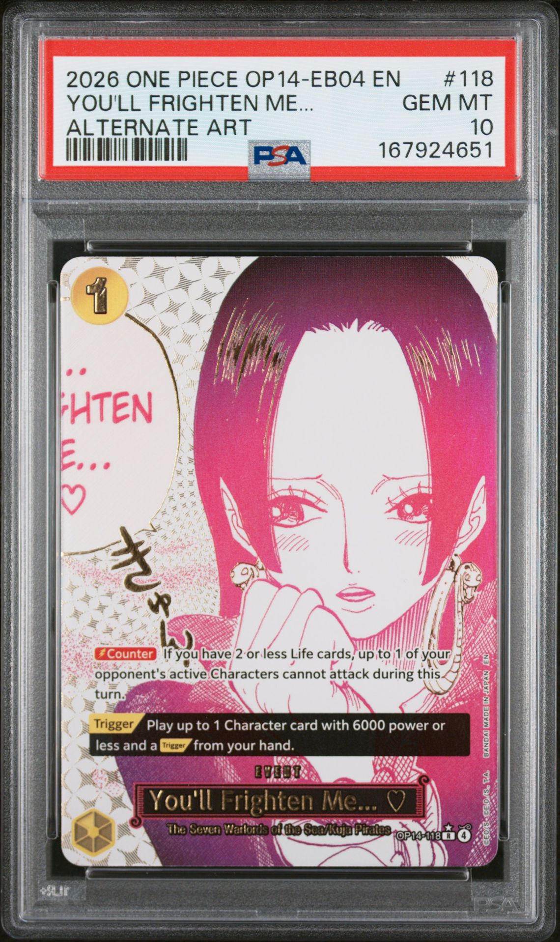 2026 One Piece Op14-Eb04-The Azure Sea's Seven You'll Frighten Me... #118 (Alternate Art) Gem Mt 10 front view - PSA graded GEM MT 10