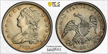 1838 25C Capped Bust MS64
